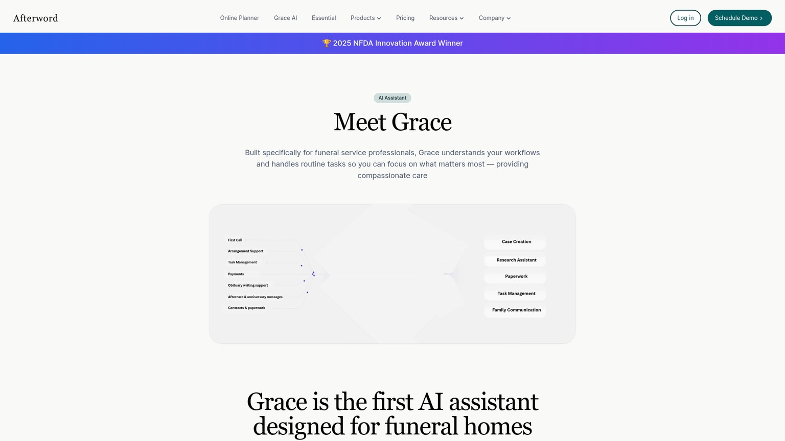 Afterword Grace AI assistant product page showing Photo to Case and family collaboration features