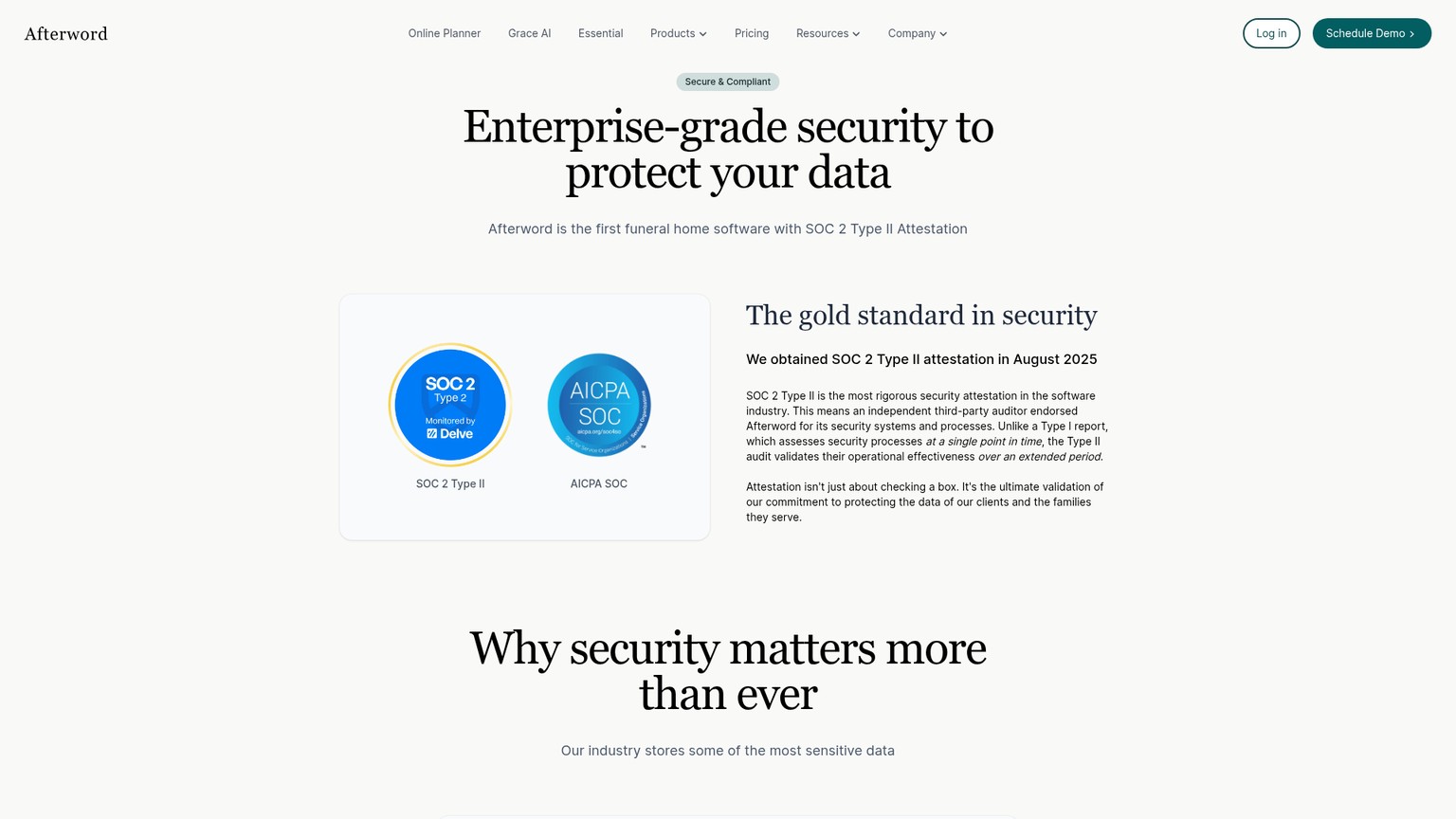 Afterword security page describing SOC 2 Type II attestation