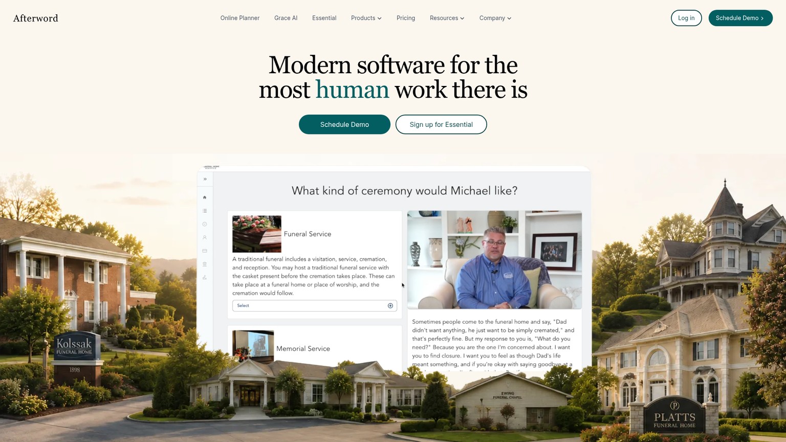 Afterword funeral-home software homepage showing case management and online planning