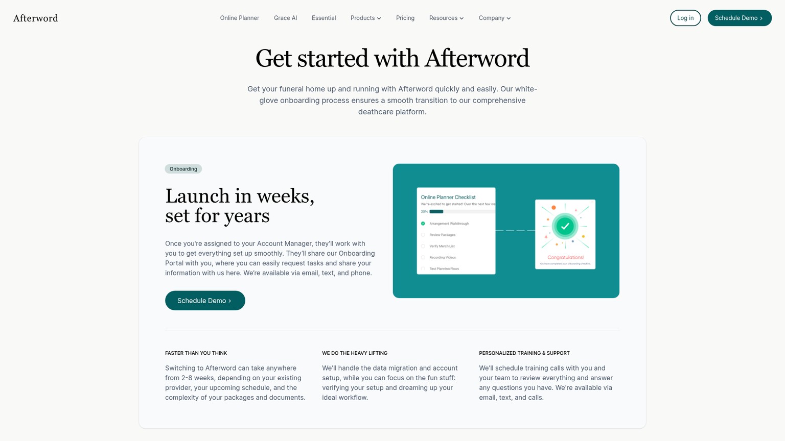 Afterword onboarding page describing migration, setup, verification, and team training