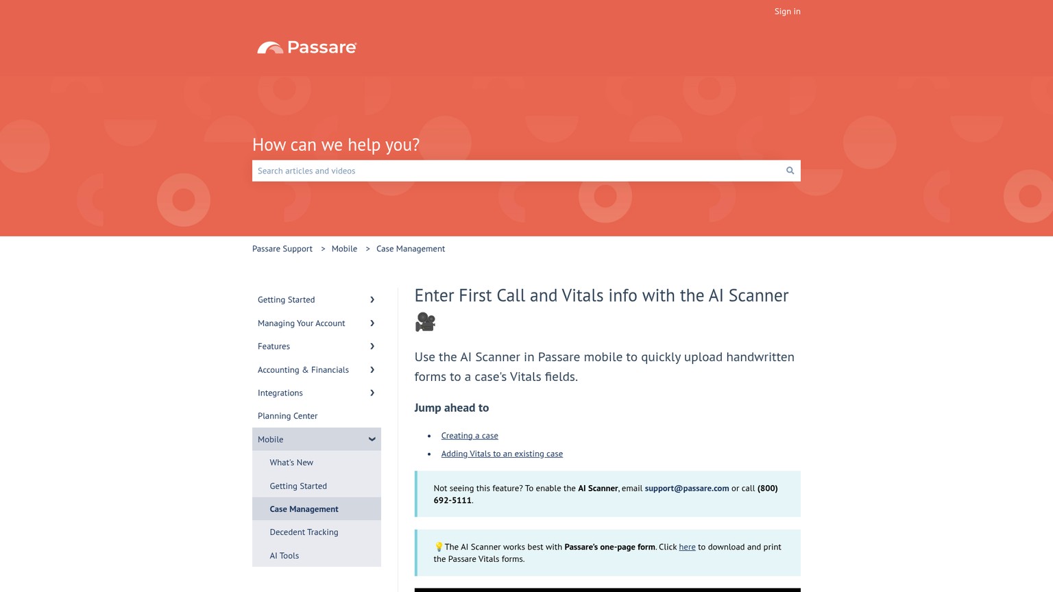 Passare AI Scanner support page showing field review and red no-match indicators