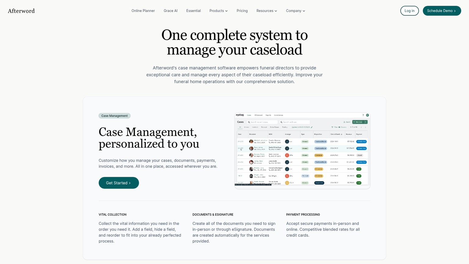Afterword case-management page showing vital collection, documents, payments, and reporting