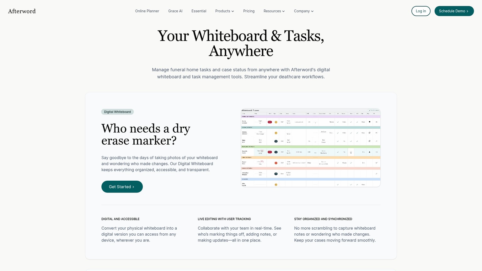 Afterword digital whiteboard and task-list page showing due dates and reminders