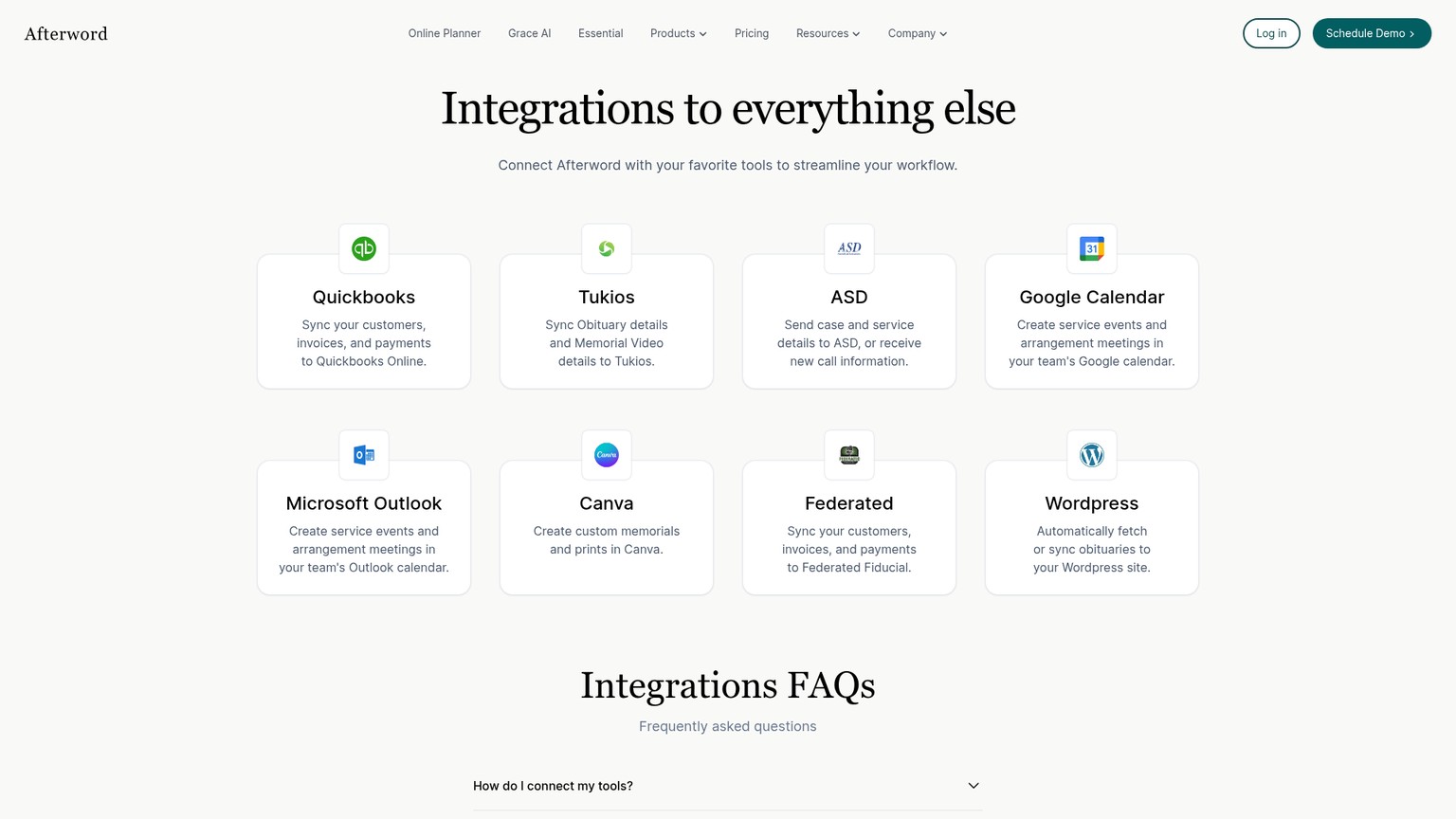 Afterword integrations page listing accounting, calendar, memorial, and website connections