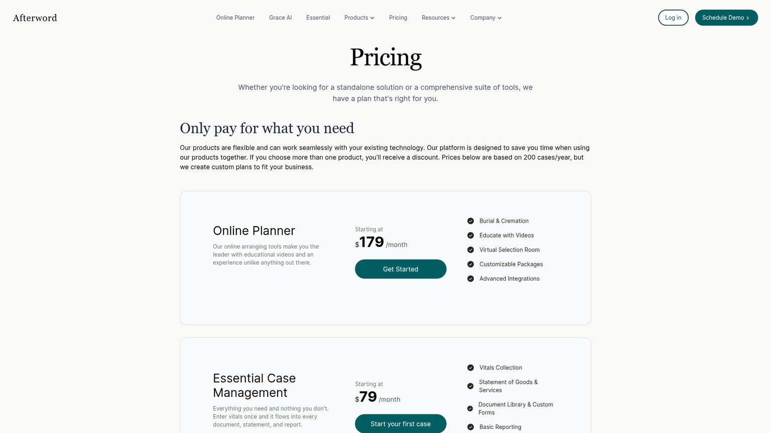 Afterword pricing page showing module starting prices based on 200 cases per year