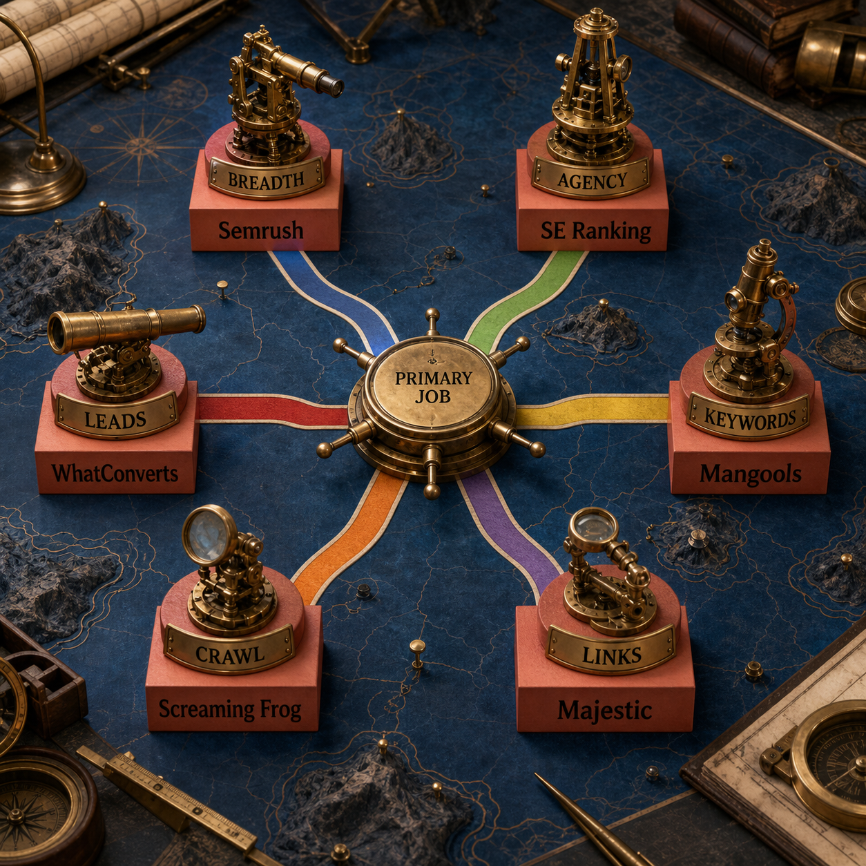 Decision flow routing breadth, agency, keywords, links, crawl, and leads to the six Ahrefs alternatives