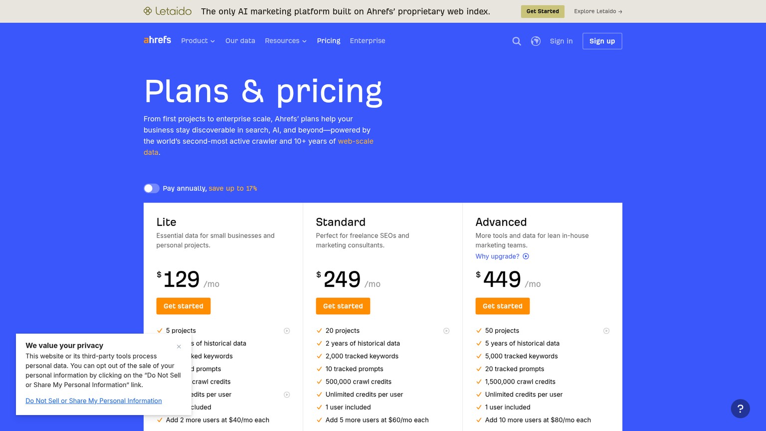 Ahrefs live plans and pricing page