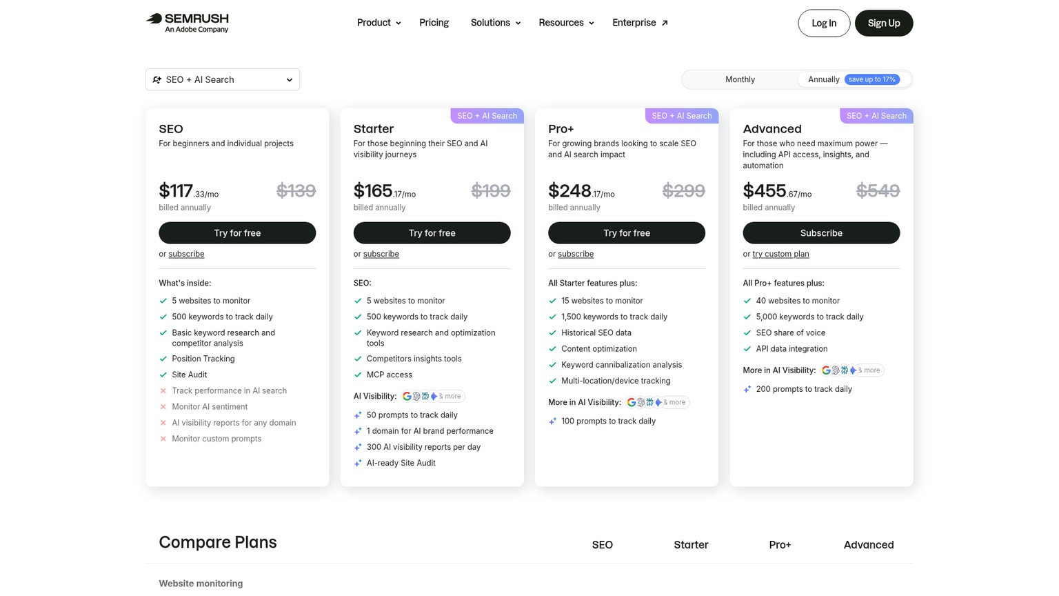 Semrush live SEO and AI search pricing page