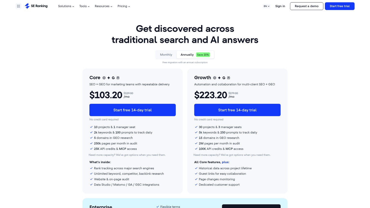 SE Ranking live Core, Growth, and Enterprise pricing page