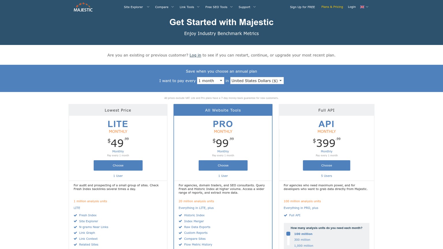 Majestic live Lite, Pro, and API pricing page