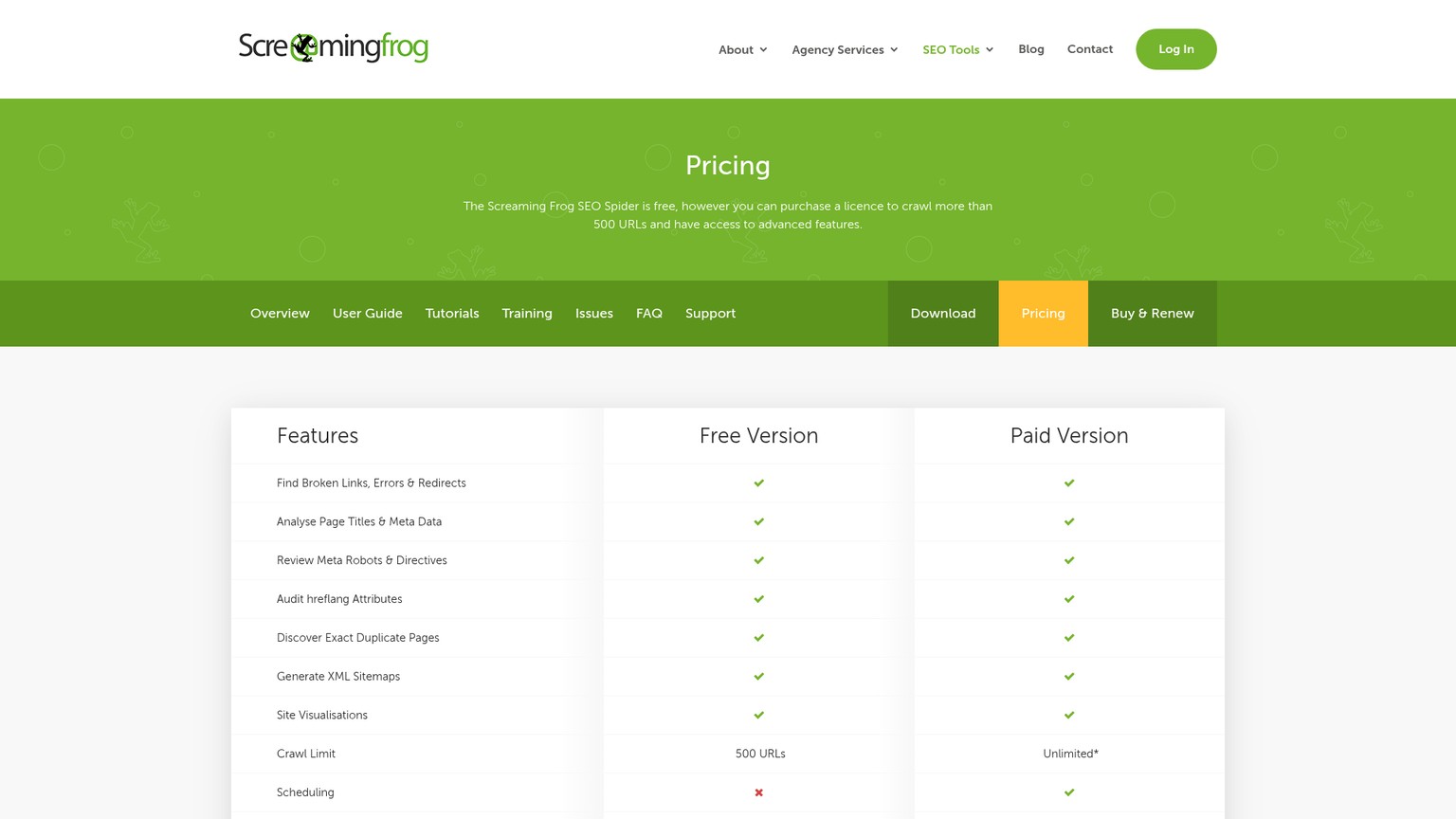 Screaming Frog SEO Spider live US pricing page