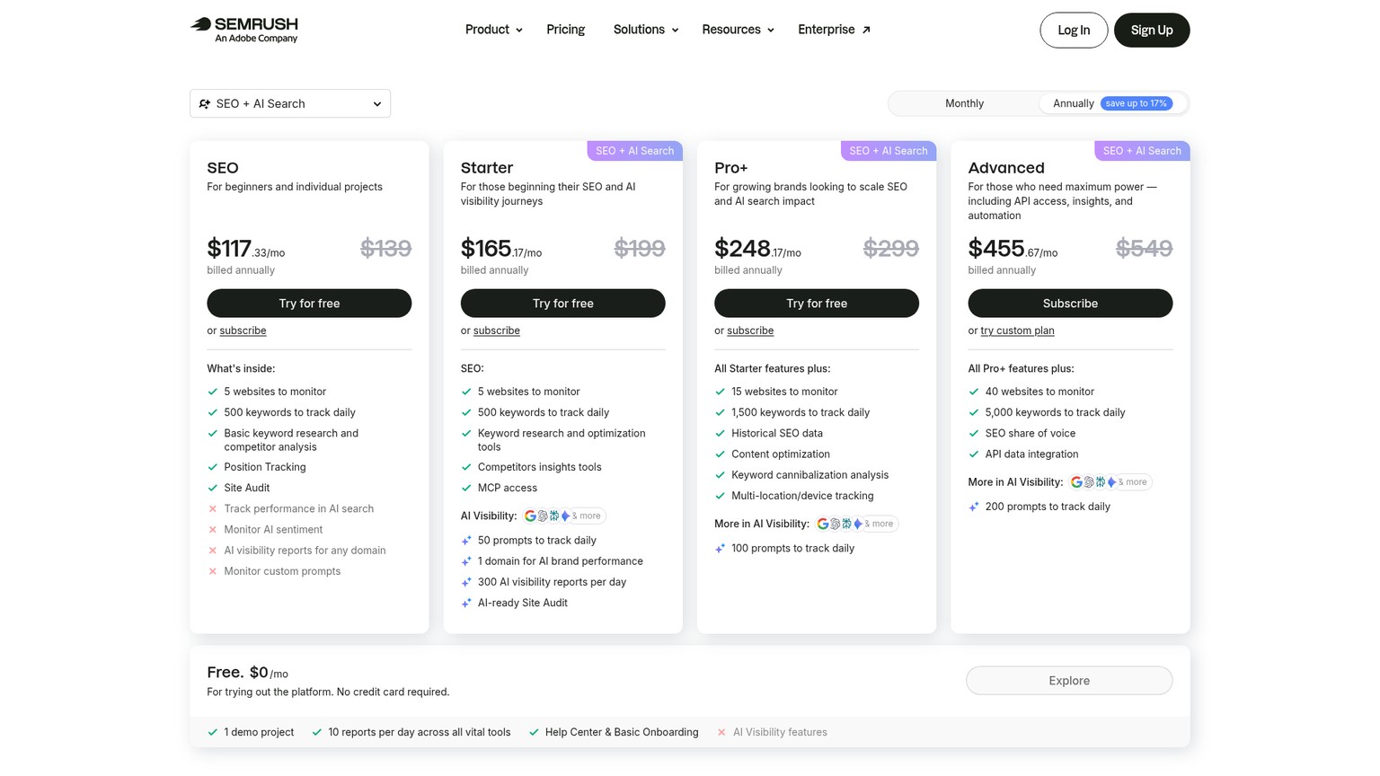 Semrush live pricing page with SEO and Semrush One plan options