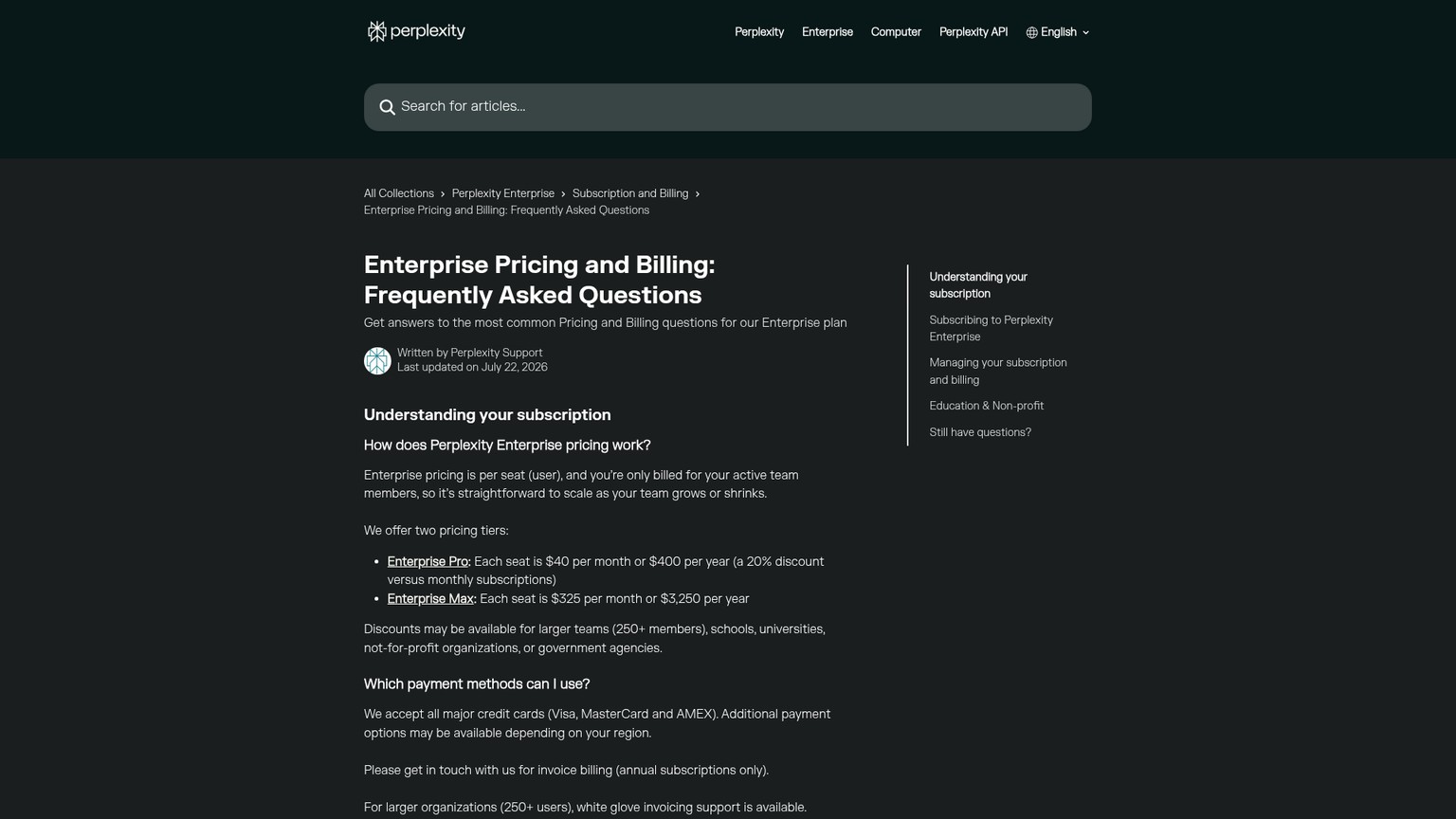 Guia de preços e cobrança do Perplexity Enterprise Pro