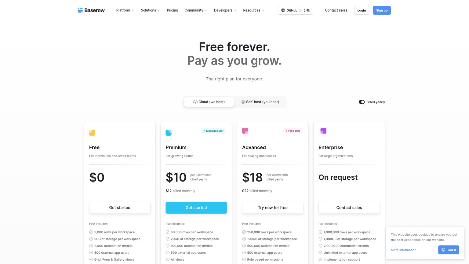 Baserow pricing page showing Free, Premium, Advanced, and Enterprise plans