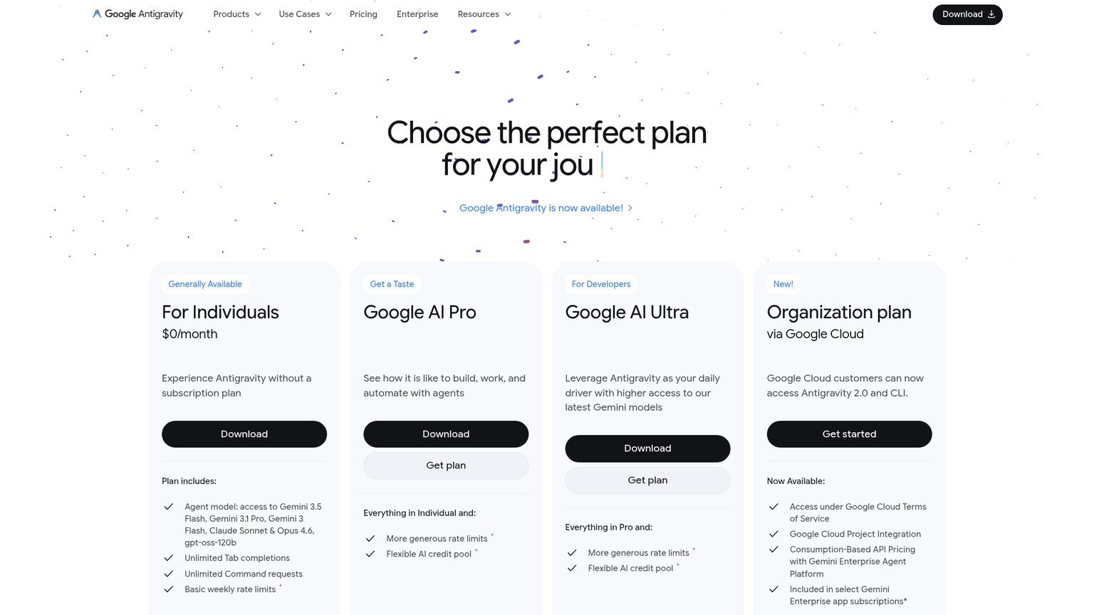 Google Antigravity pricing page with individual and paid plan cards