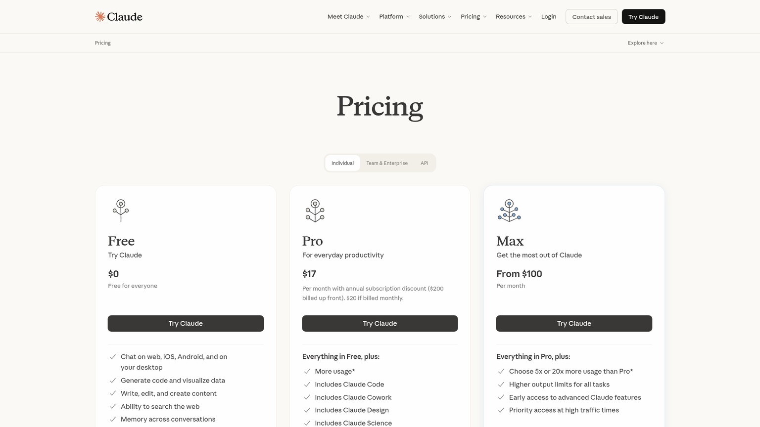 Anthropic pricing page showing Claude Free, Pro, and Max