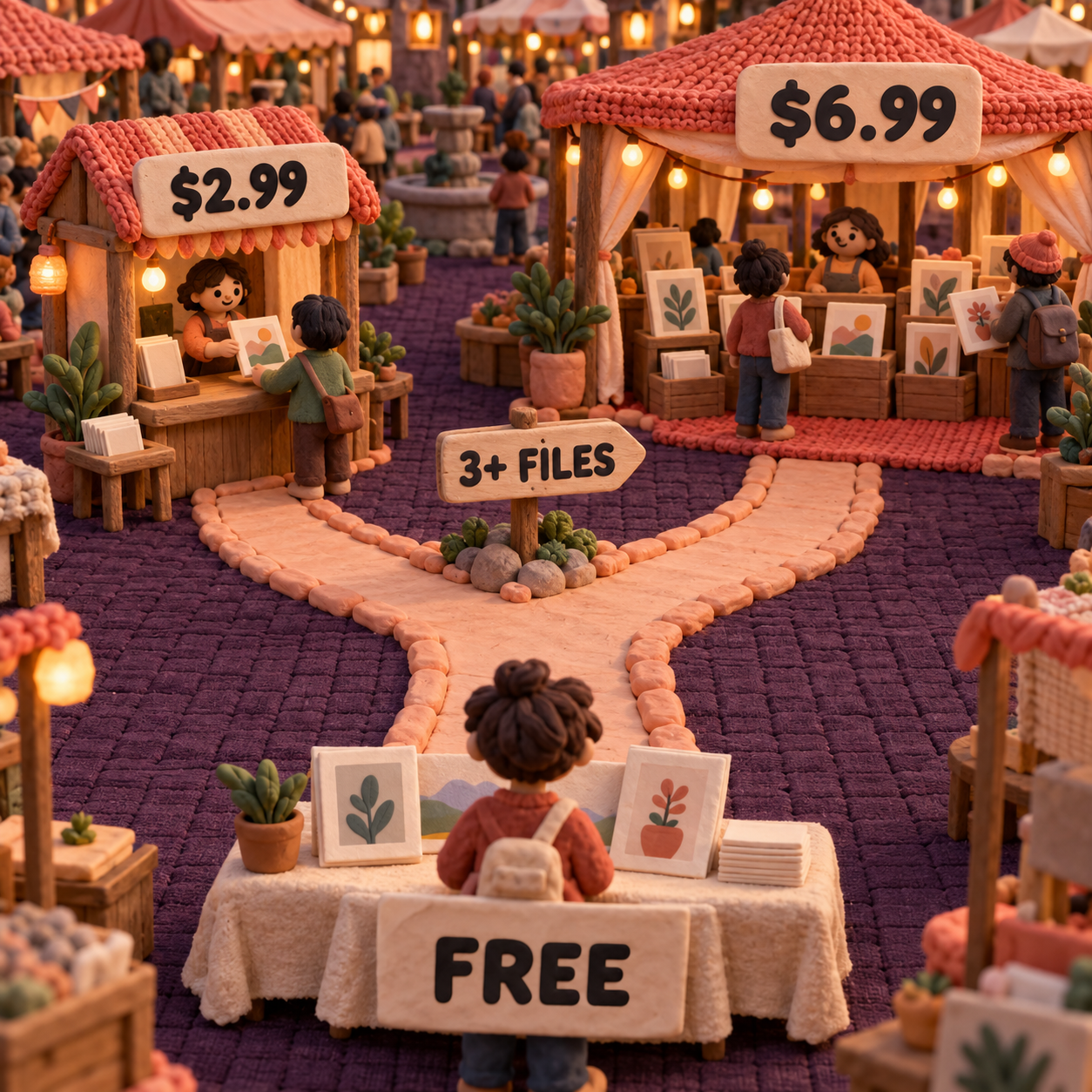 Clay market decision path from free preview to a $2.99 single export or $6.99 monthly Pro