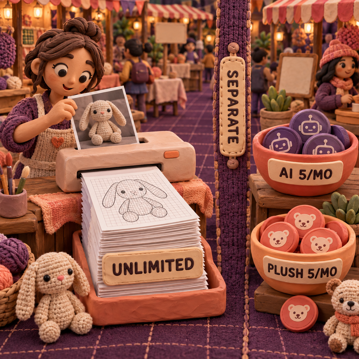 Clay split showing unlimited user-photo pattern conversion beside separate monthly AI and Amigurumi limits