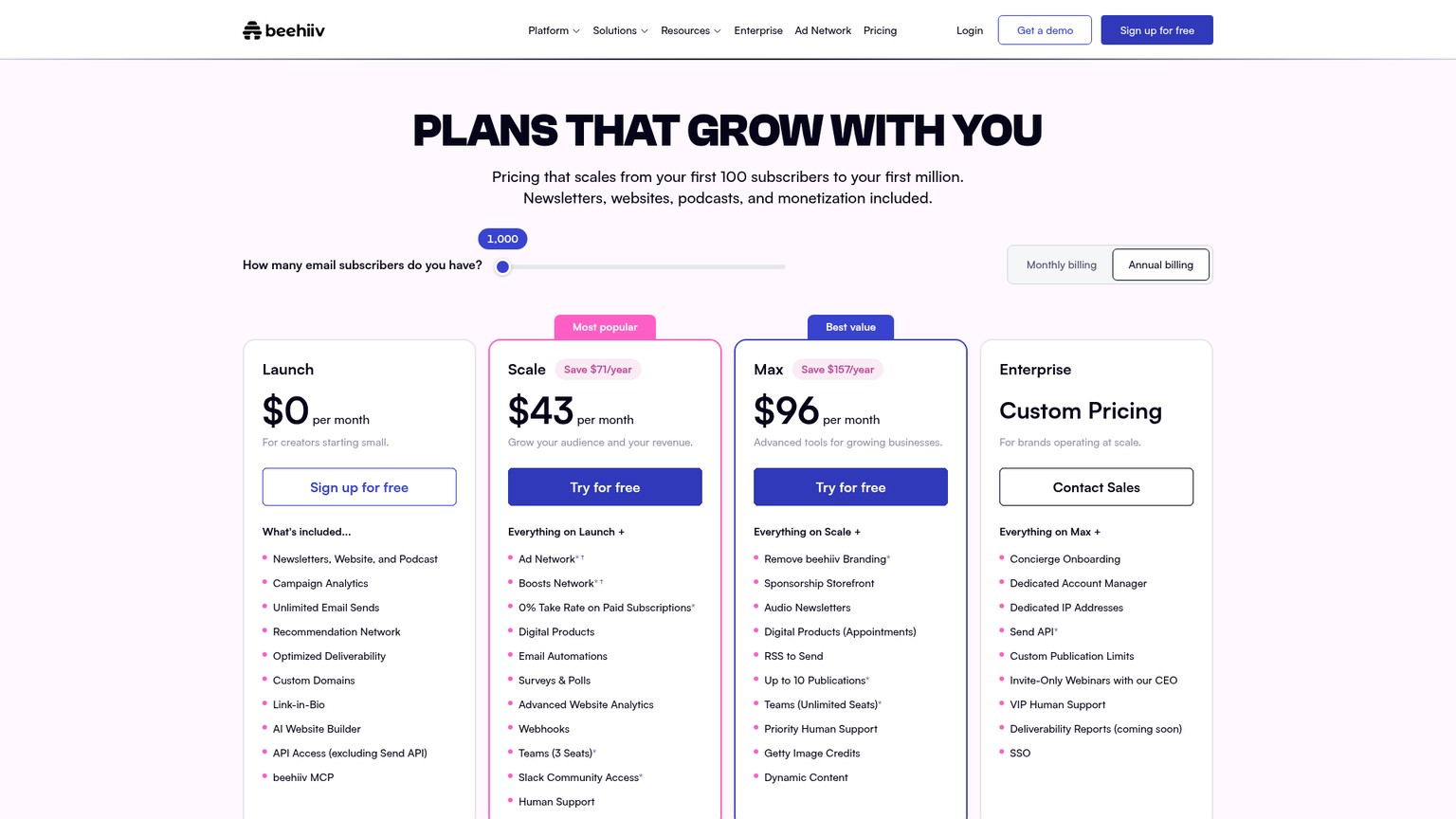 beehiiv pricing page showing Launch, Scale and Max plans