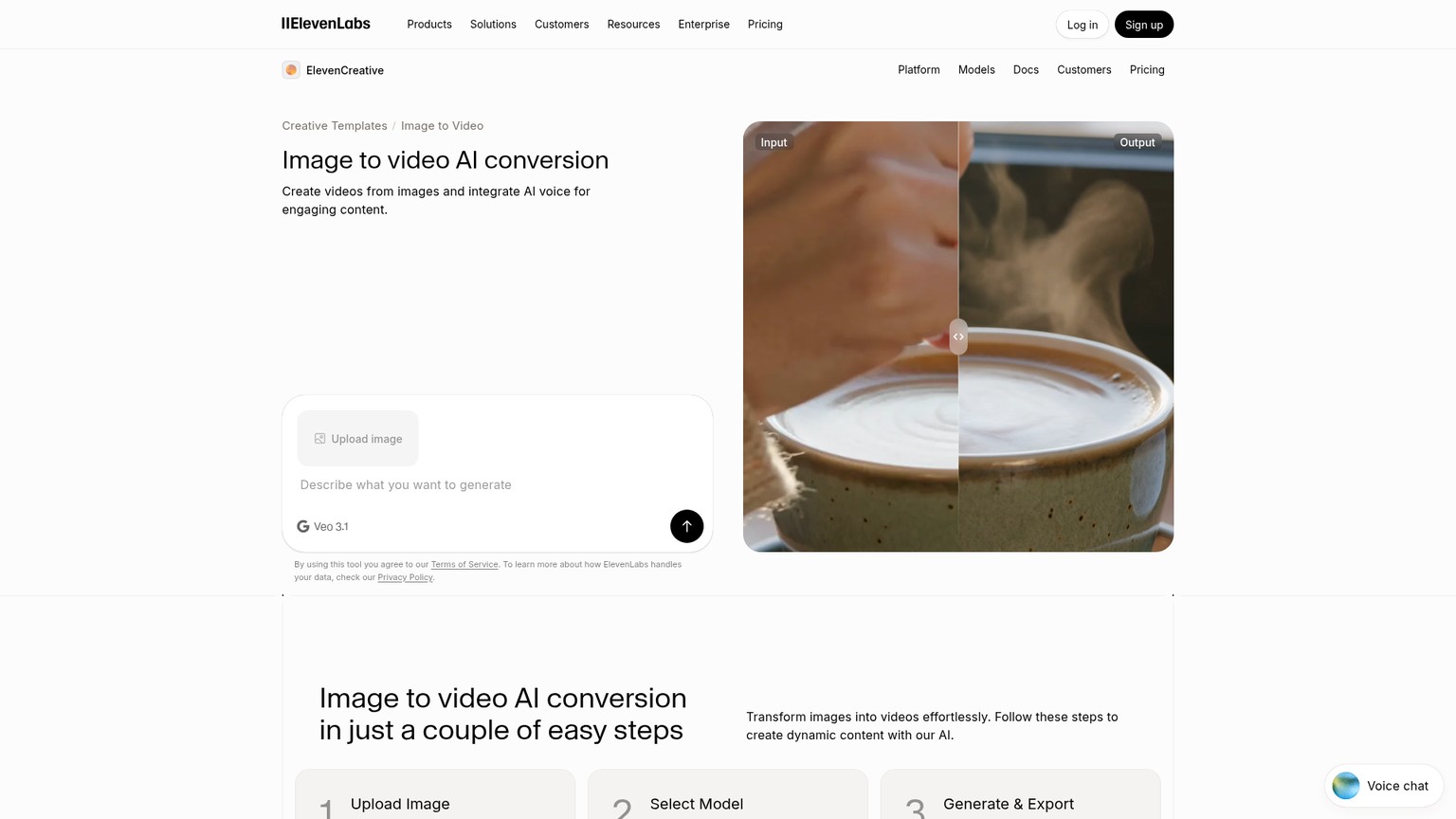 ElevenLabs Image and Video workspace with model, resolution, duration, and audio controls
