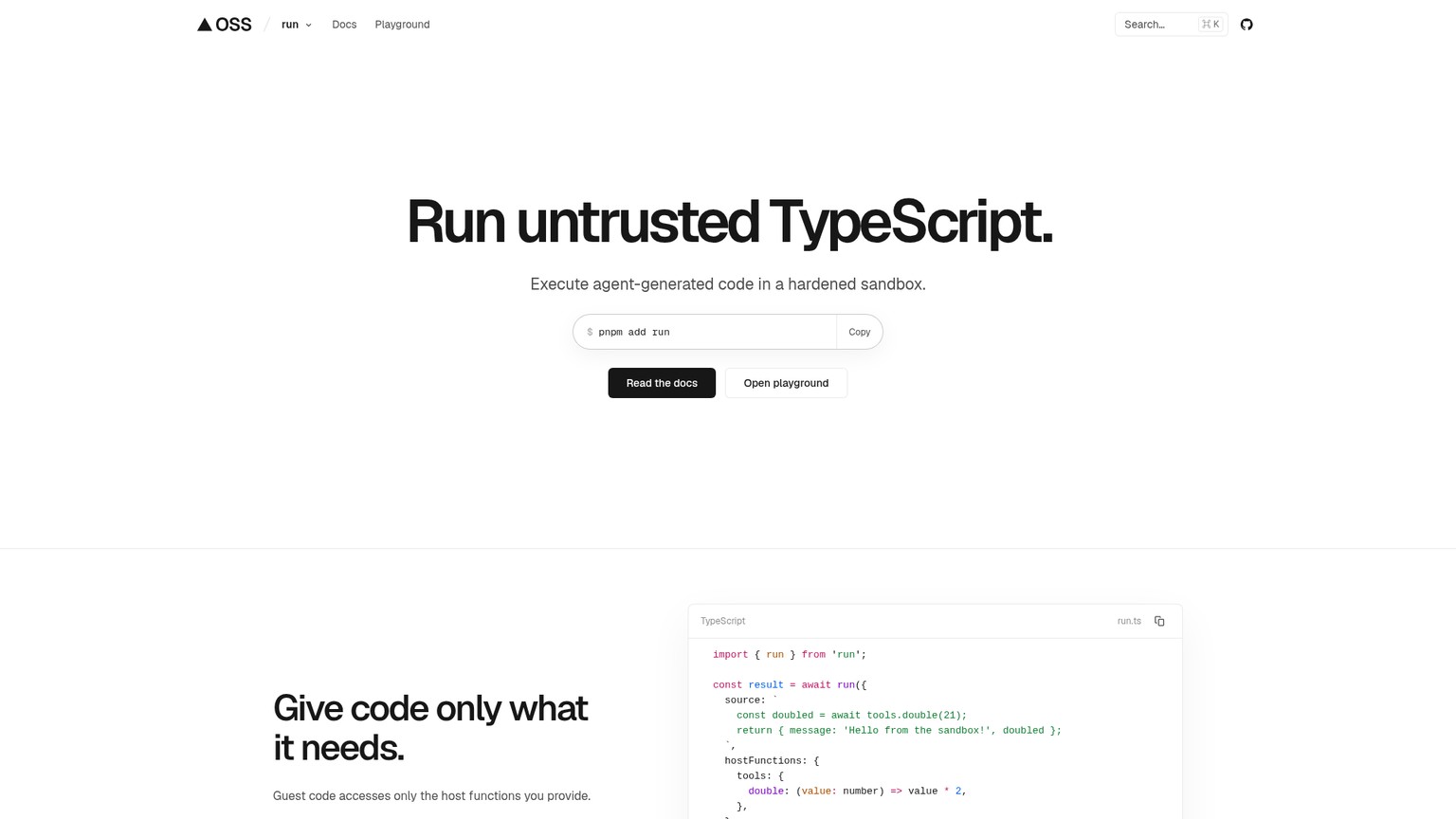 Vercel Run SDK website showing the sandboxed JavaScript execution package