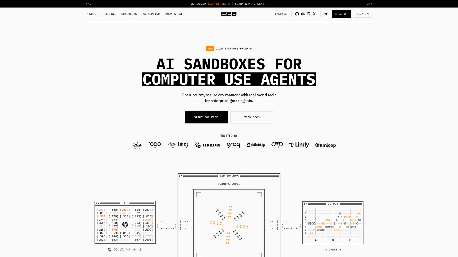 E2B website showing its AI agent sandbox platform
