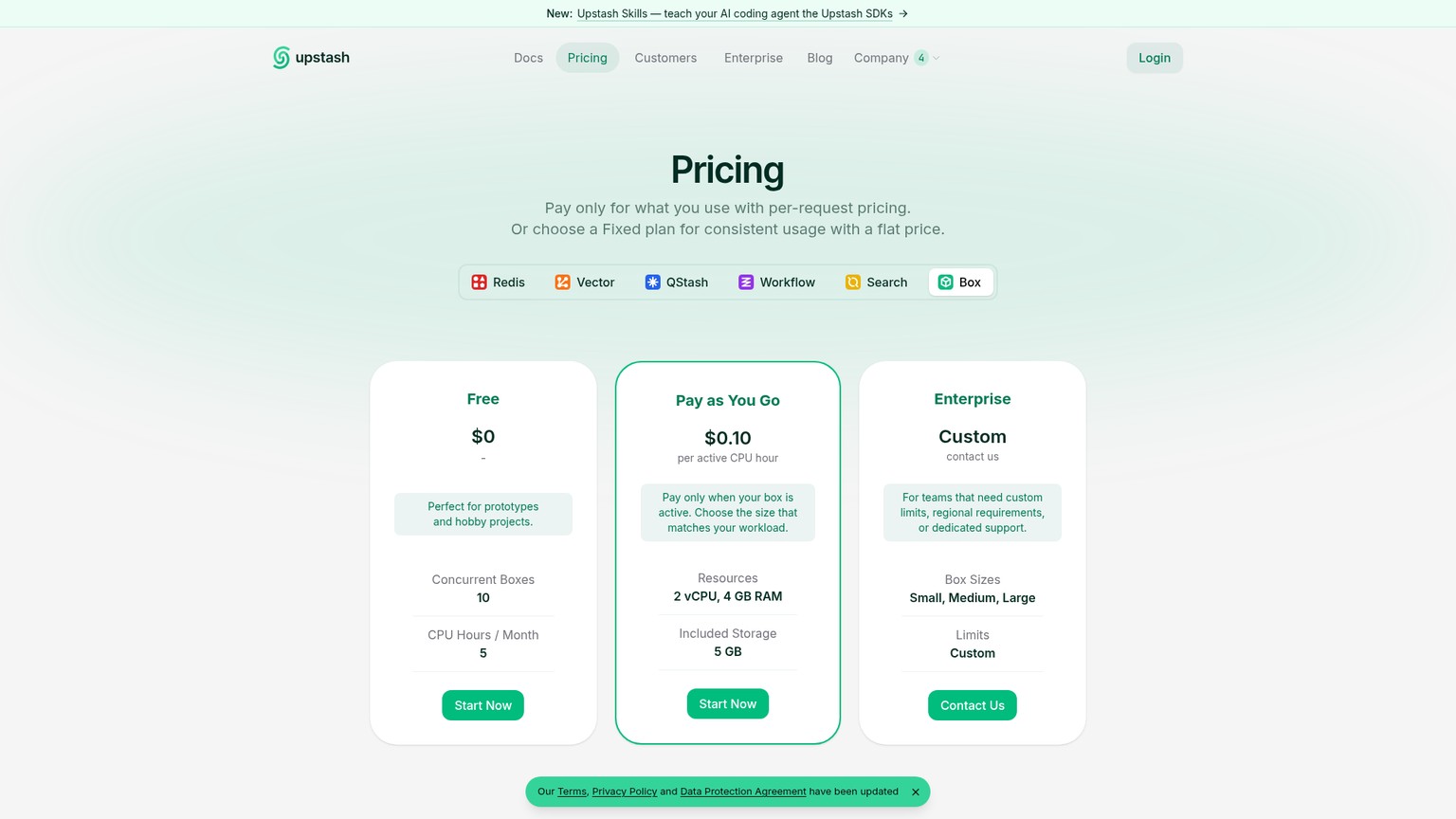 Upstash Box pricing page showing free, pay-as-you-go, and enterprise plans