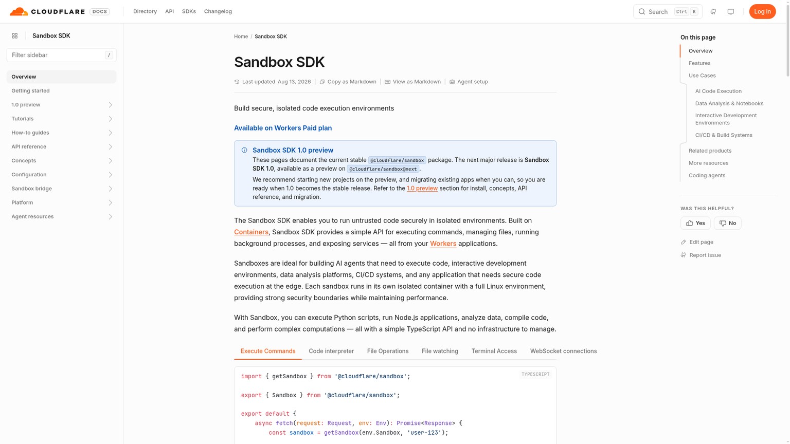 Cloudflare Sandbox SDK documentation showing Workers-native isolated code execution