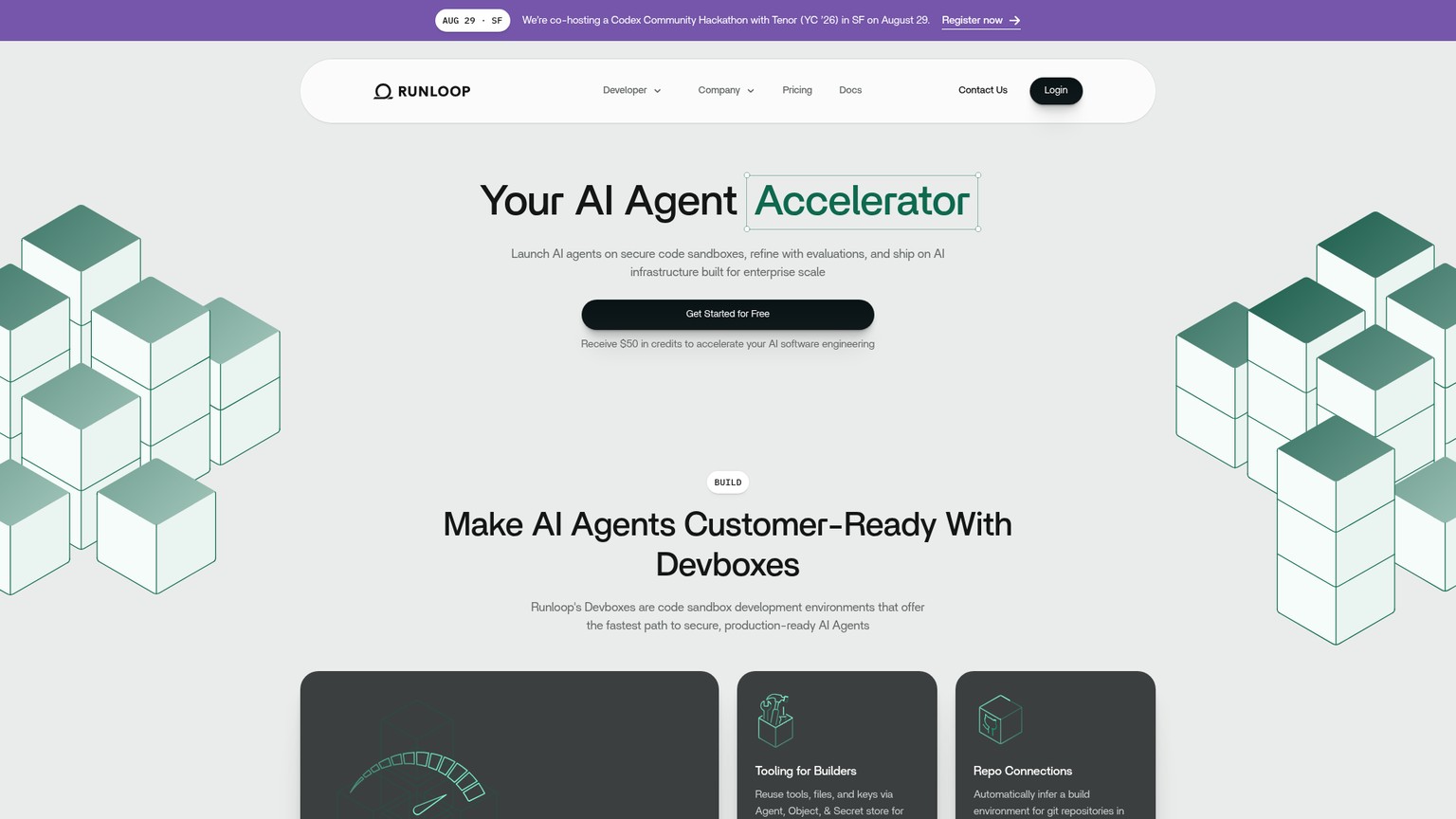 Runloop website showing Devboxes and evaluation infrastructure for coding agents