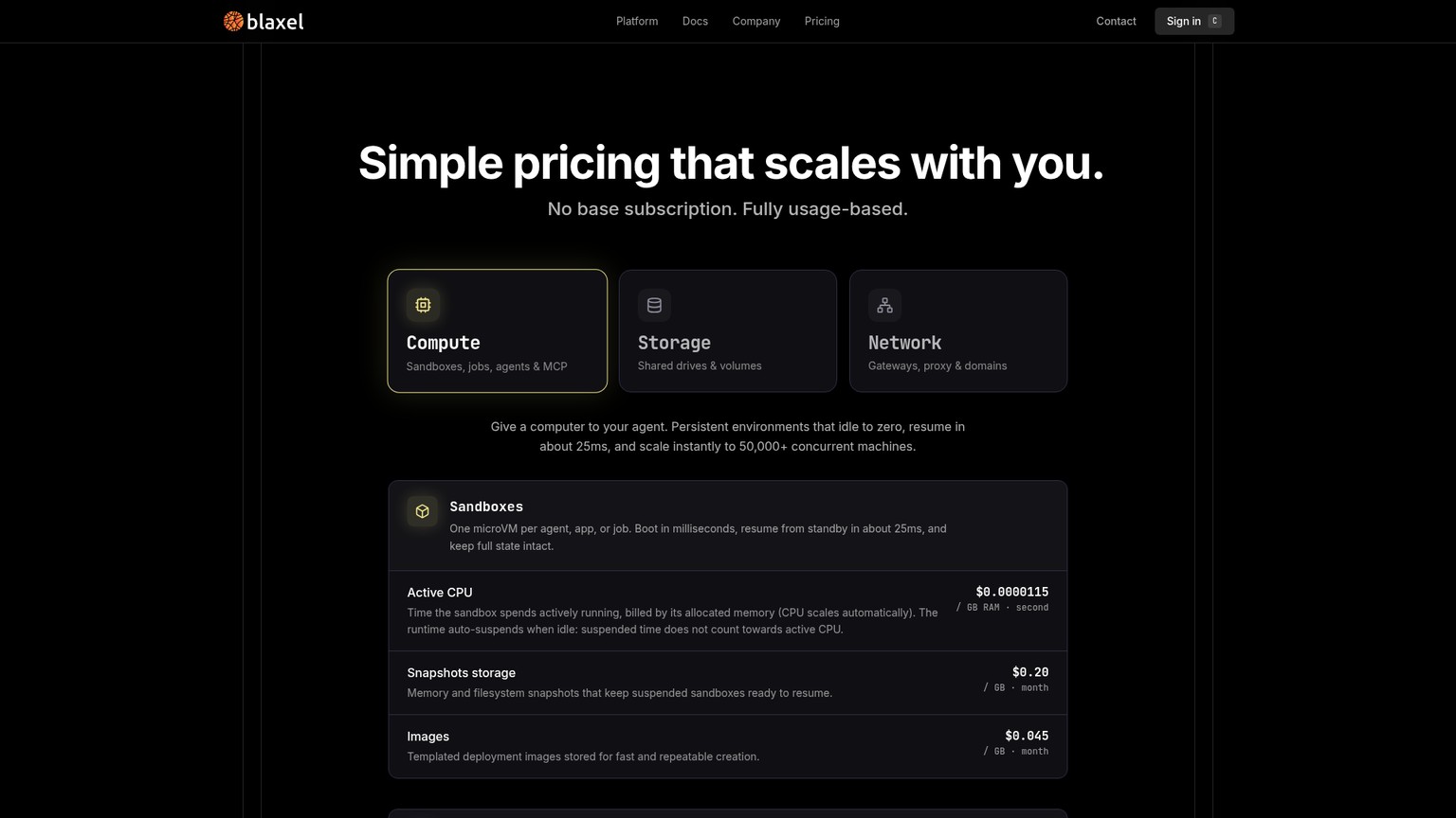 Blaxel pricing page showing persistent microVM sandbox usage rates