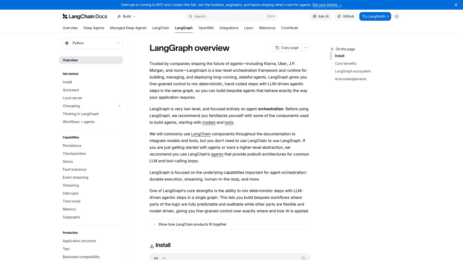 LangGraph official overview page for long-running stateful agents