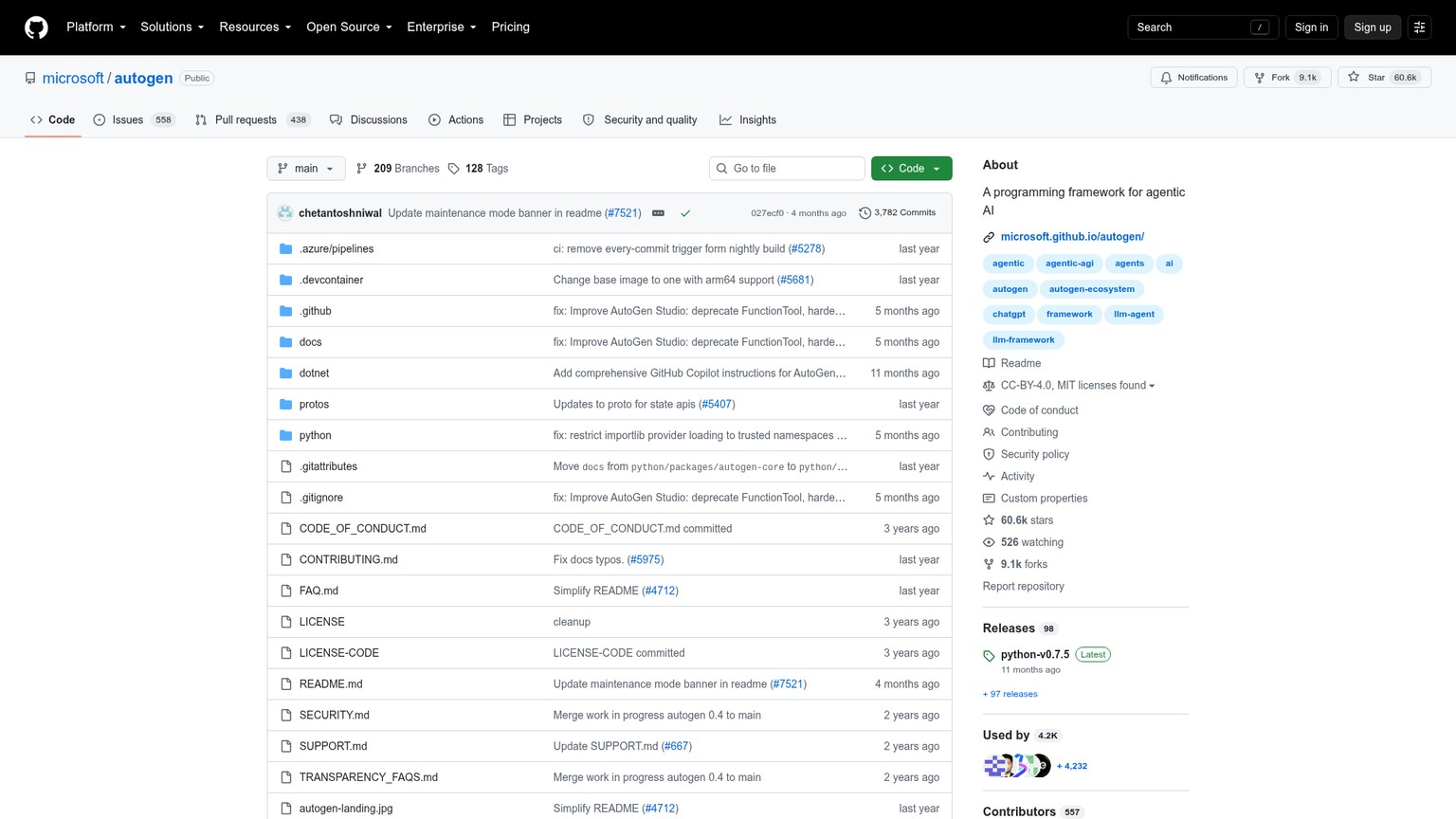 Microsoft AutoGen repository showing its maintenance status and successor guidance