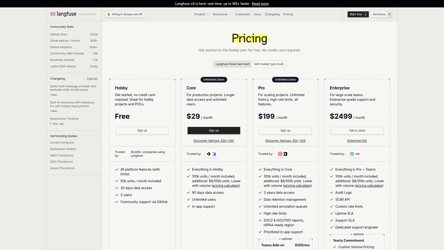 Langfuse pricing page showing Cloud and self-hosted plans