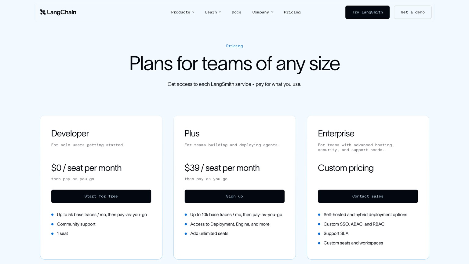 LangSmith pricing page showing Developer, Plus, and Enterprise tiers