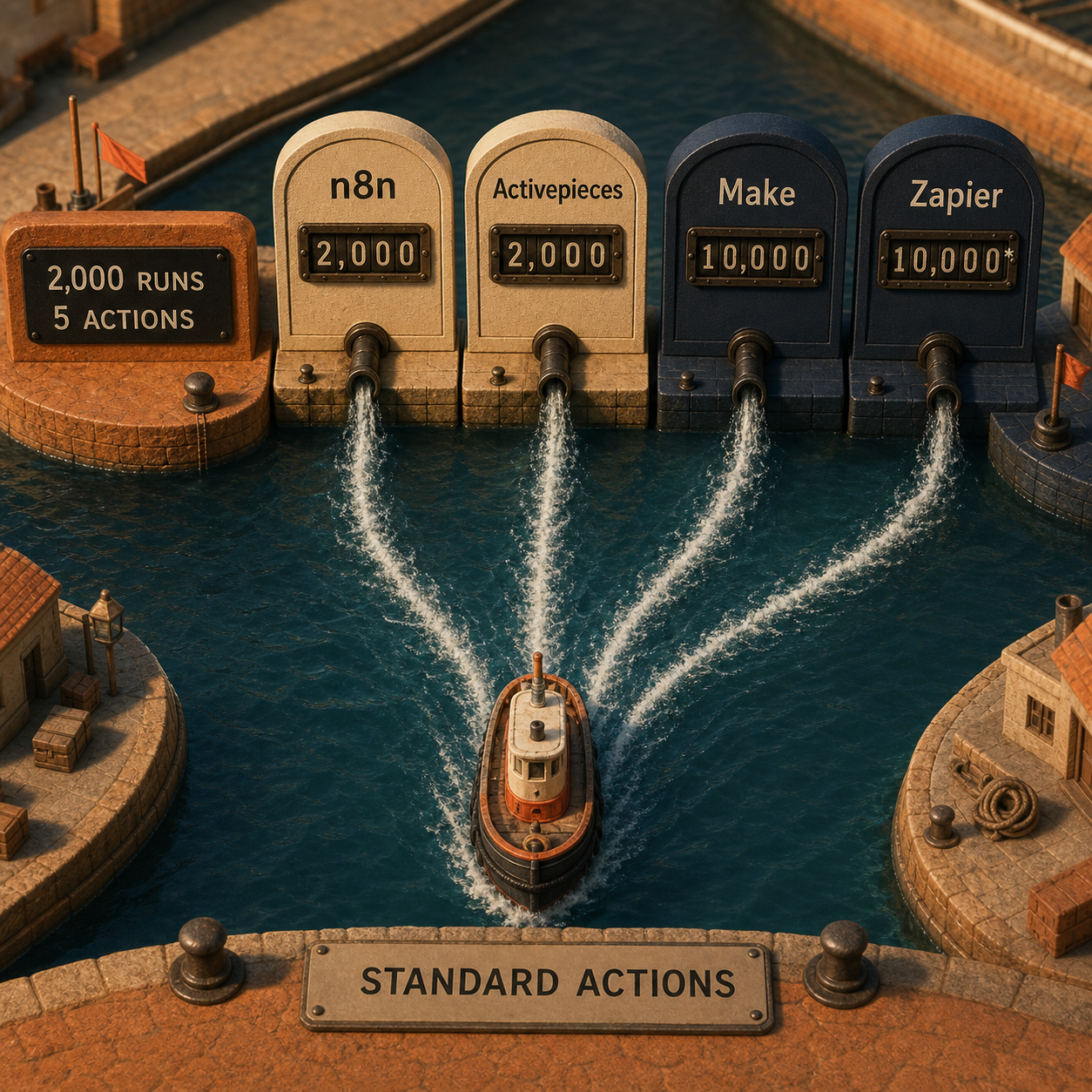 Physical harbor comparison showing 2,000 full-run units for n8n and Activepieces versus 10,000 action units for Make and Zapier