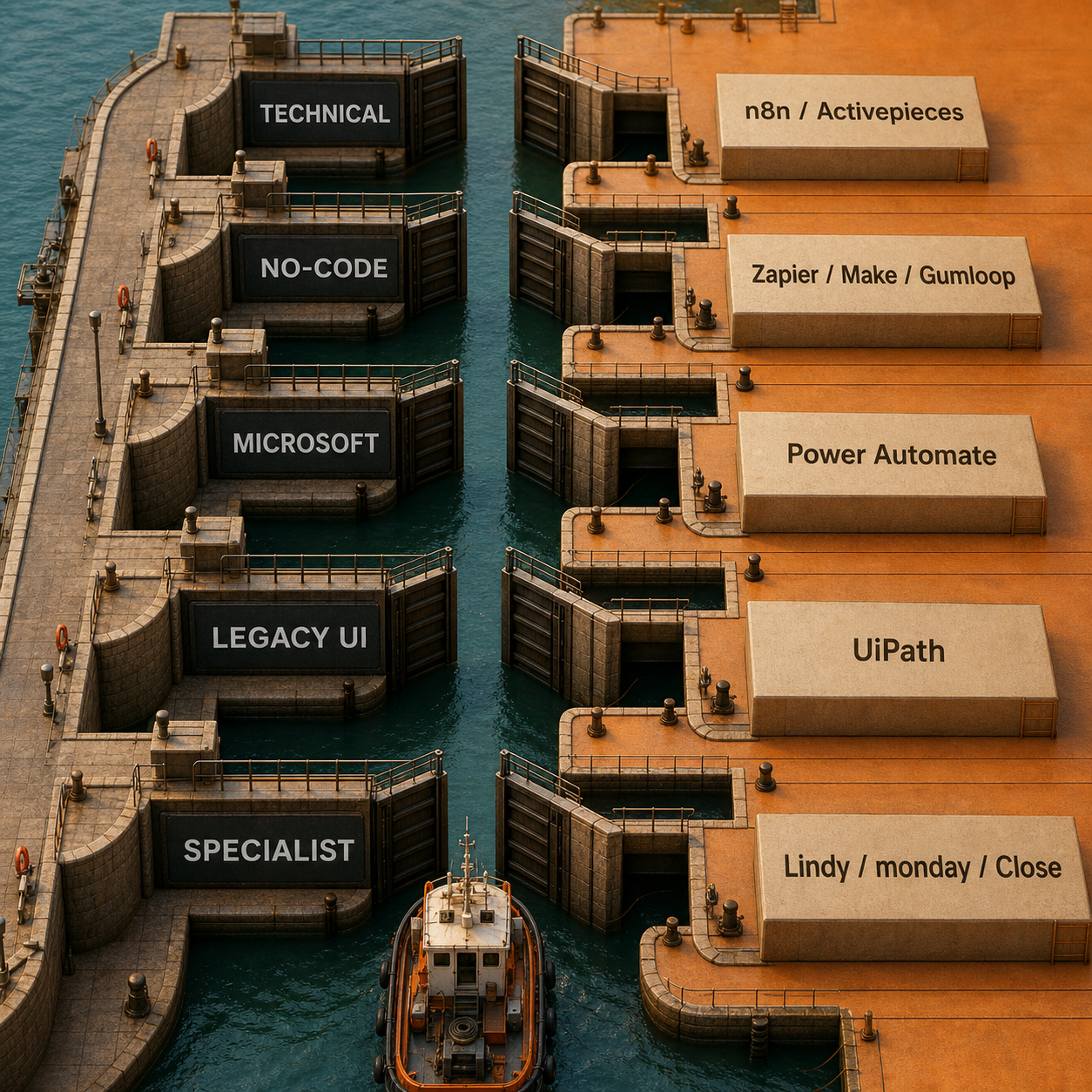 Harbor lock decision flow routing technical, no-code, Microsoft, legacy UI, and specialist workflows to matching automation tool families