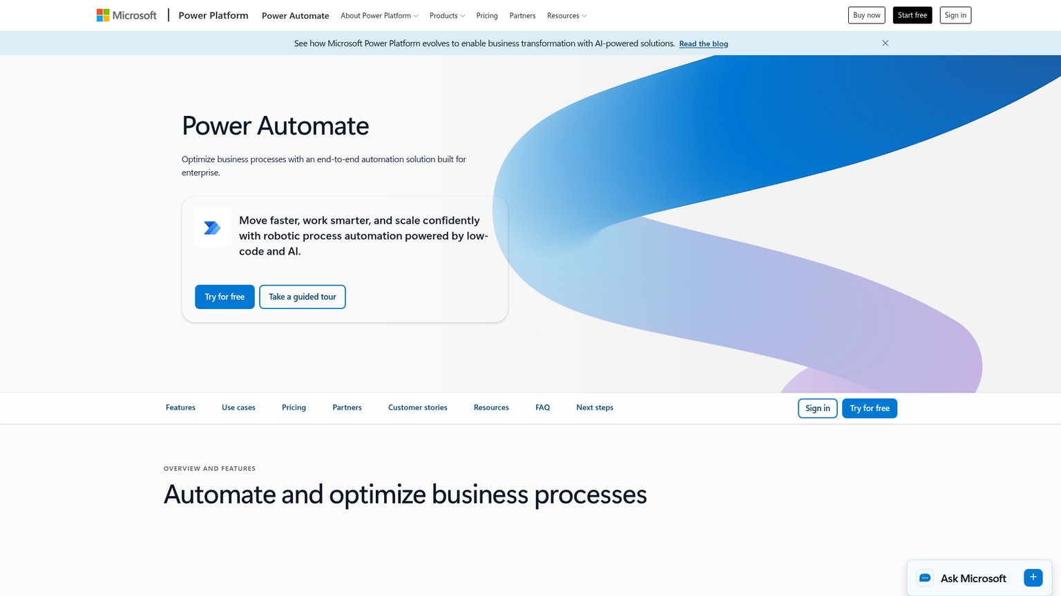 Microsoft Power Automate product website