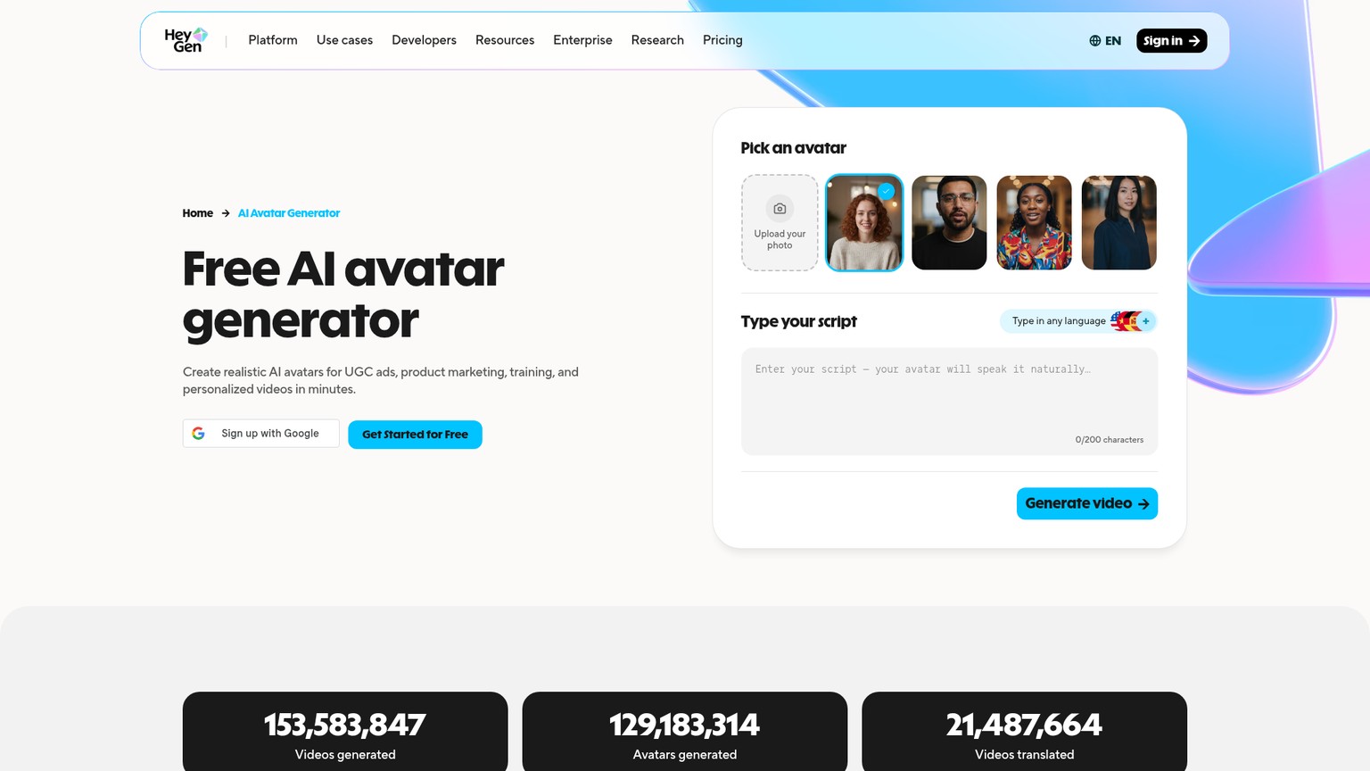 HeyGen AI avatar generator with stock, photo, and digital twin avatar options