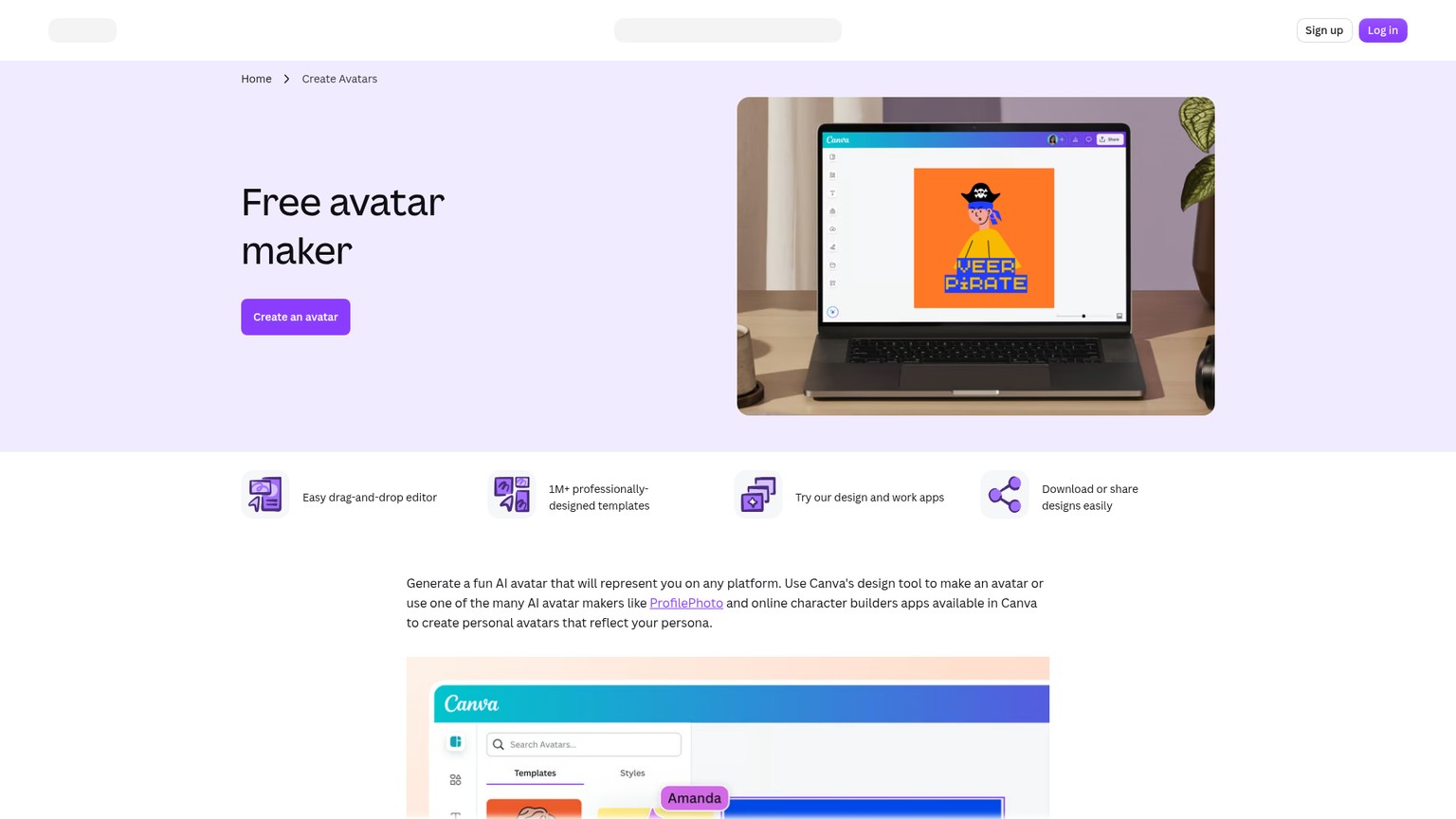 Canva static avatar maker with templates, Character Builder, and embedded AI apps