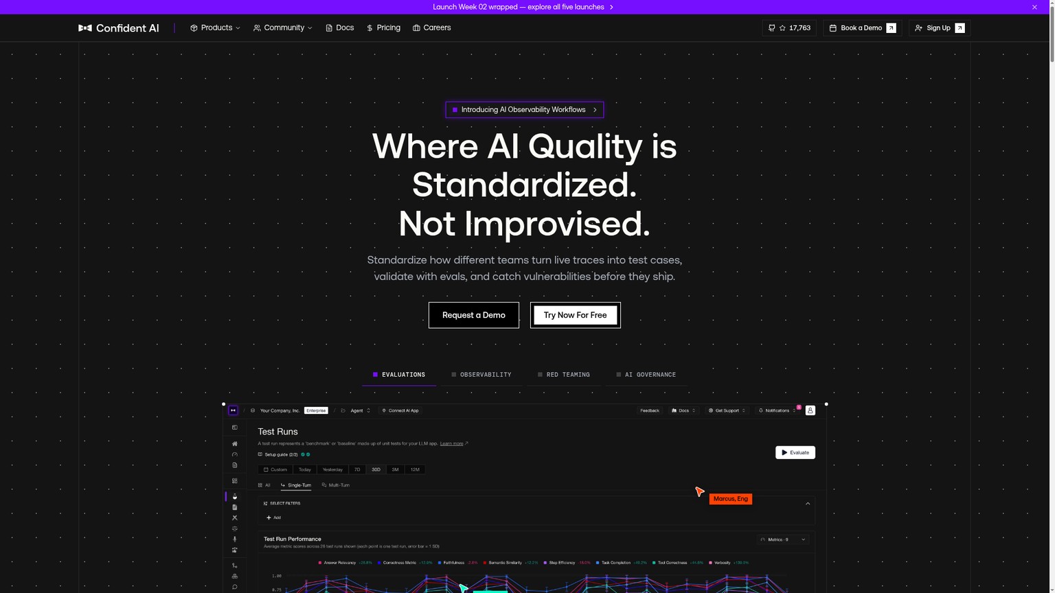 Confident AI evaluation and observability platform homepage