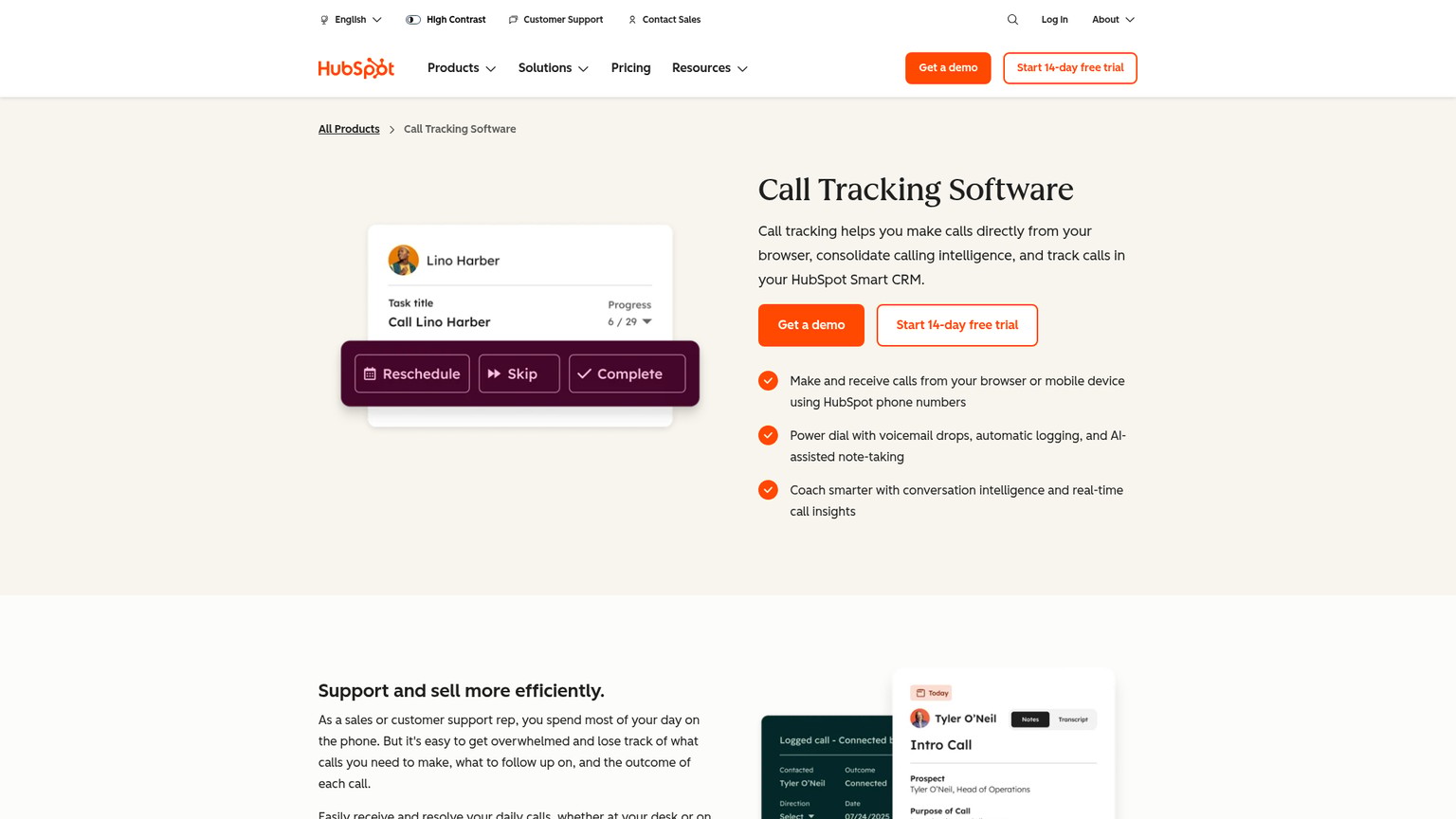 HubSpot call tracking page screenshot