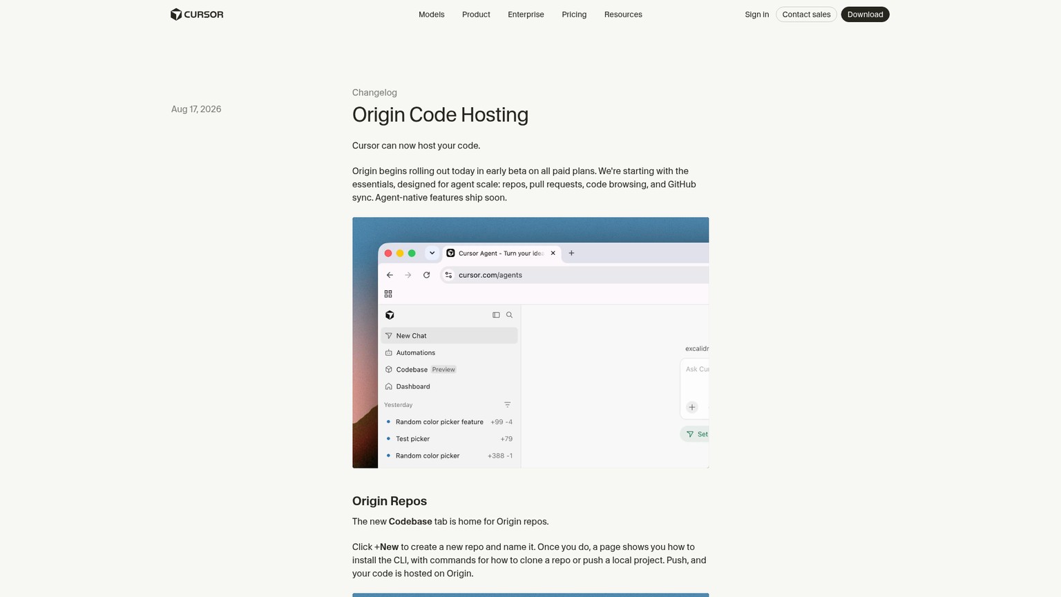 Cursor Origin launch page showing repositories, pull requests, and integrations