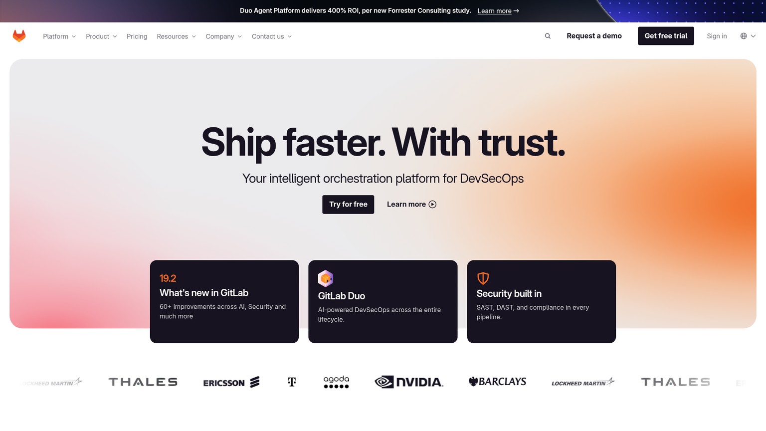 GitLab platform homepage showing its integrated DevSecOps environment