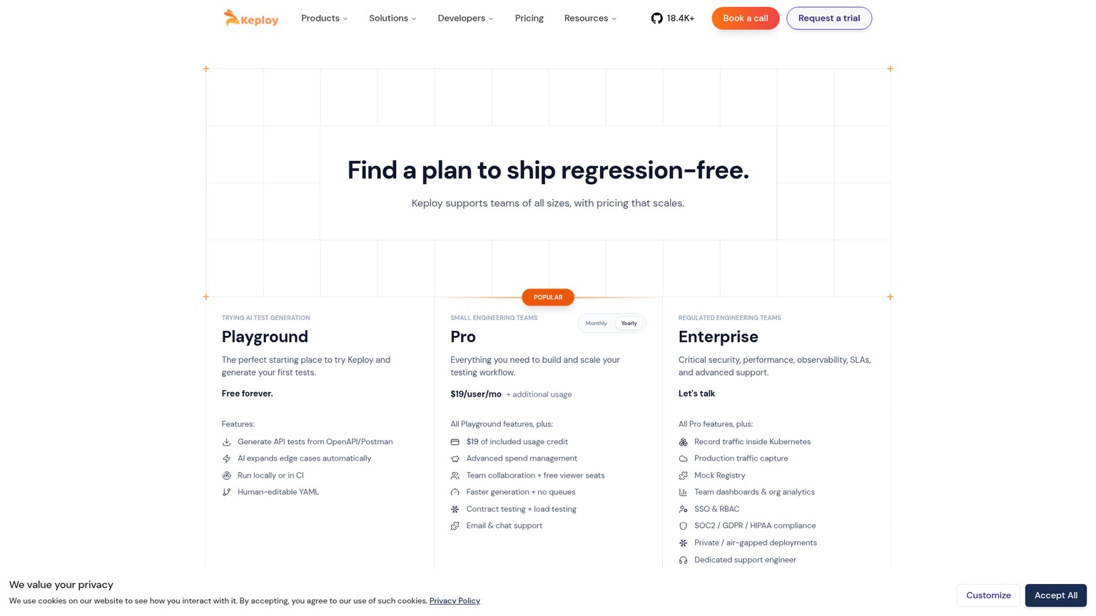 Keploy pricing page showing Open Source, Playground, Pro, and Enterprise options