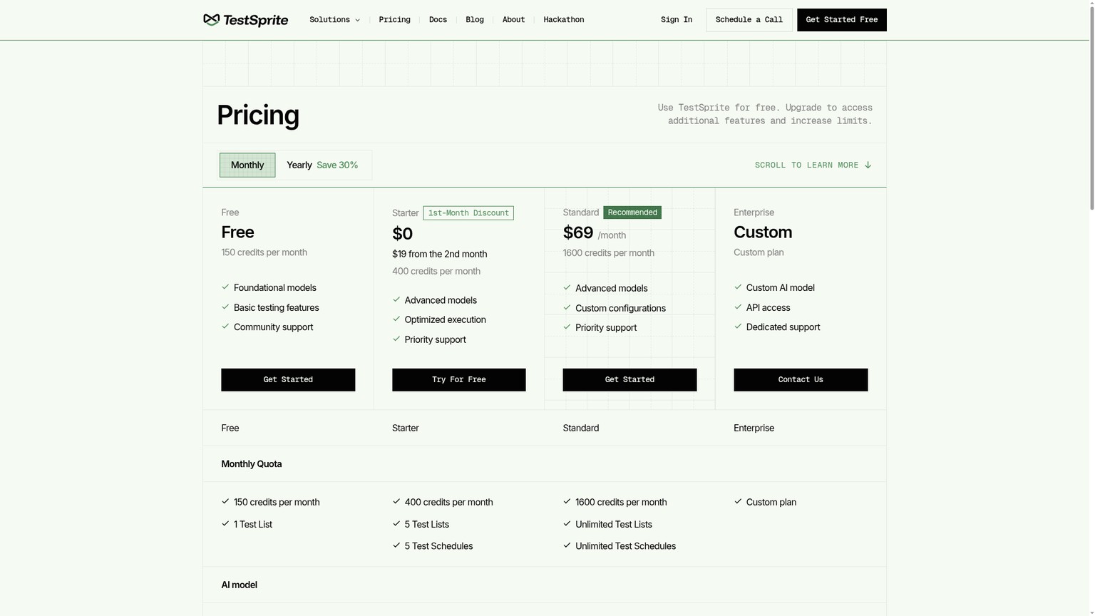 TestSprite pricing page showing Free, Starter, Standard, and Enterprise tiers