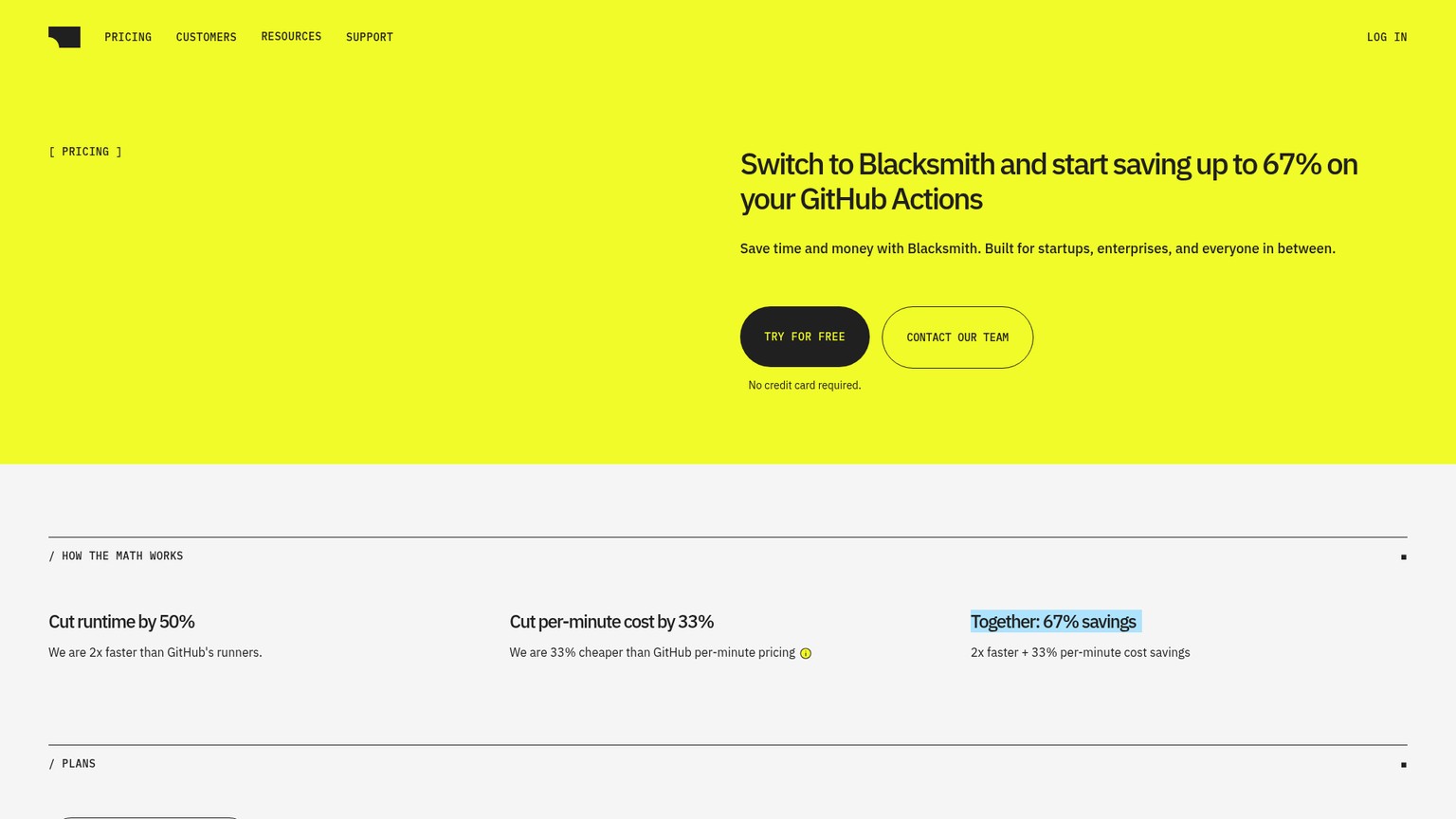 Blacksmith pricing page showing runner minute rates, free minutes, add-ons, and Enterprise