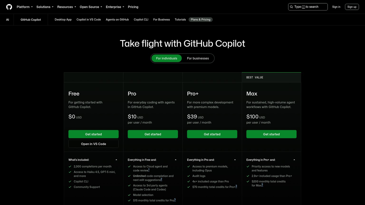 GitHub Copilot plans page showing Free, Pro, Pro Plus, Max, Business, and Enterprise pricing