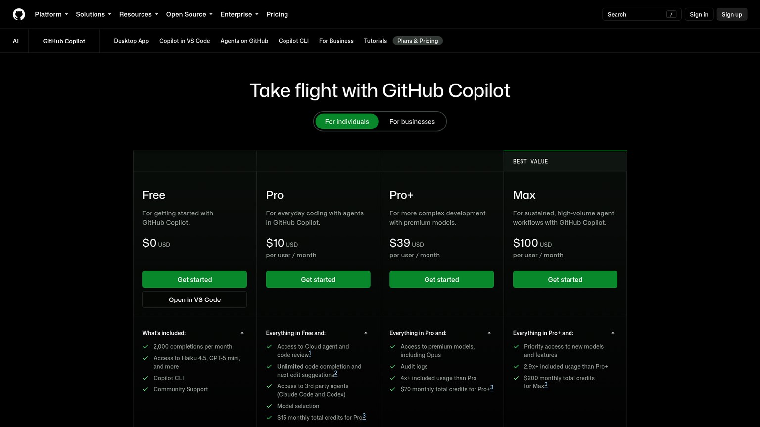 GitHub Copilot plans and pricing page