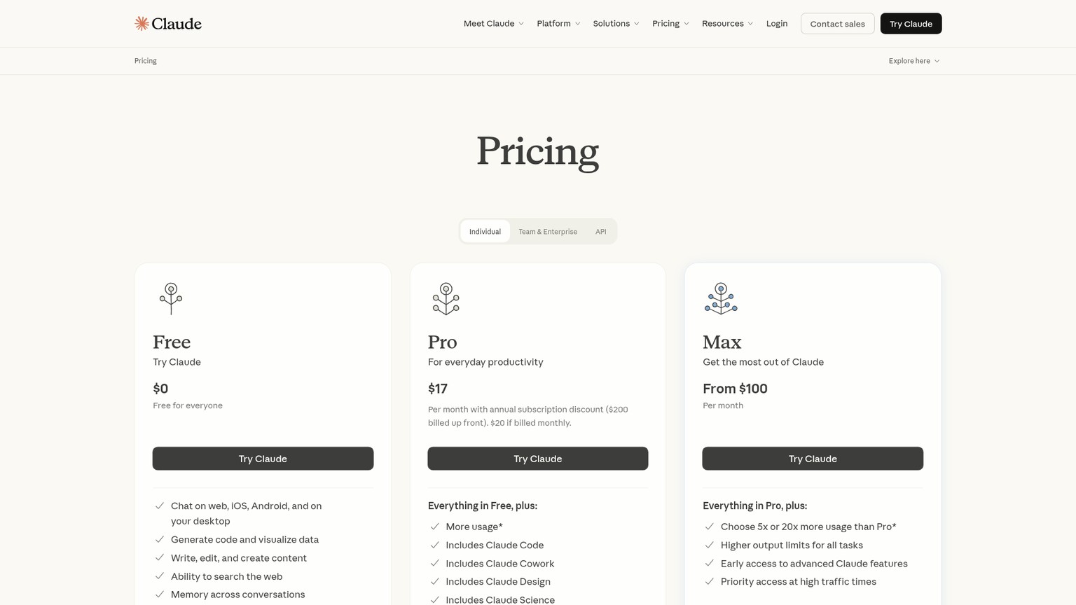 Claude pricing page with Team and Enterprise plans