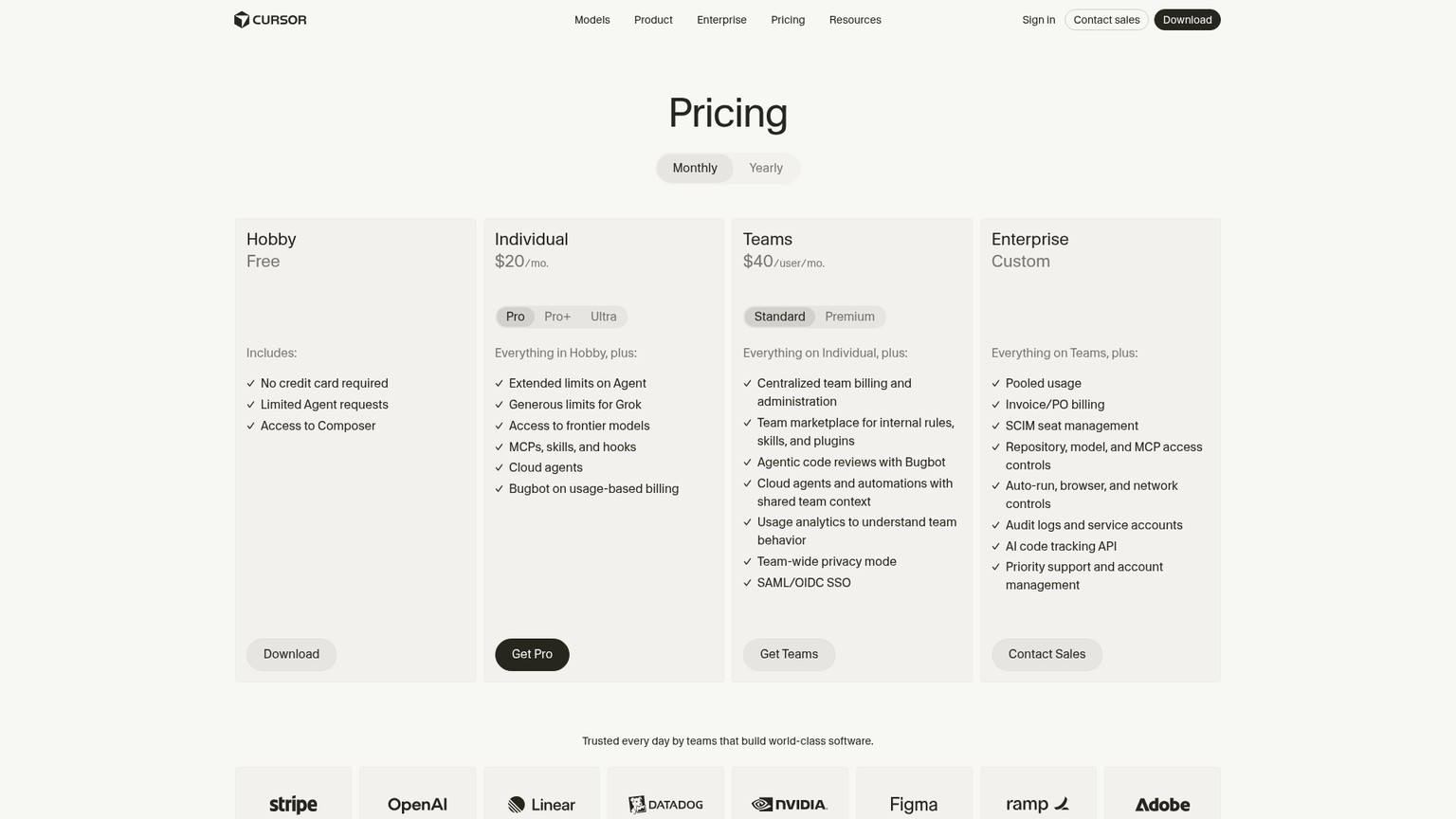 Cursor pricing page with individual, team, and enterprise plans